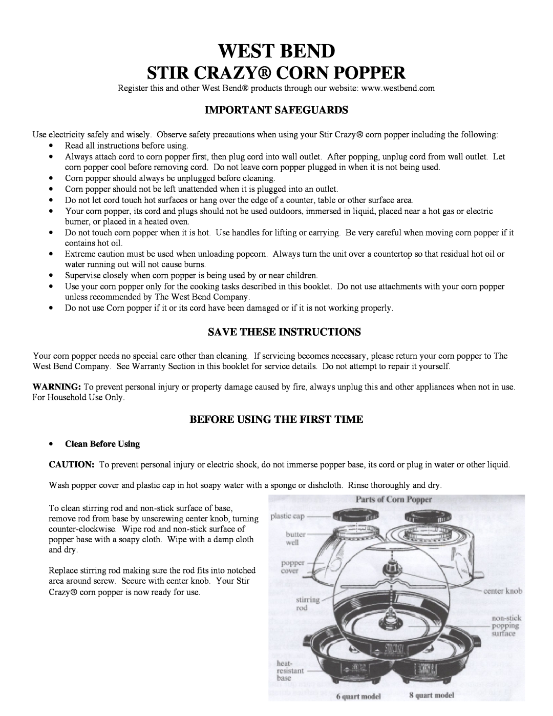 West Bend Corn Popper warranty Important Safeguards, Save These Instructions, Before Using The First Time, West Bend 