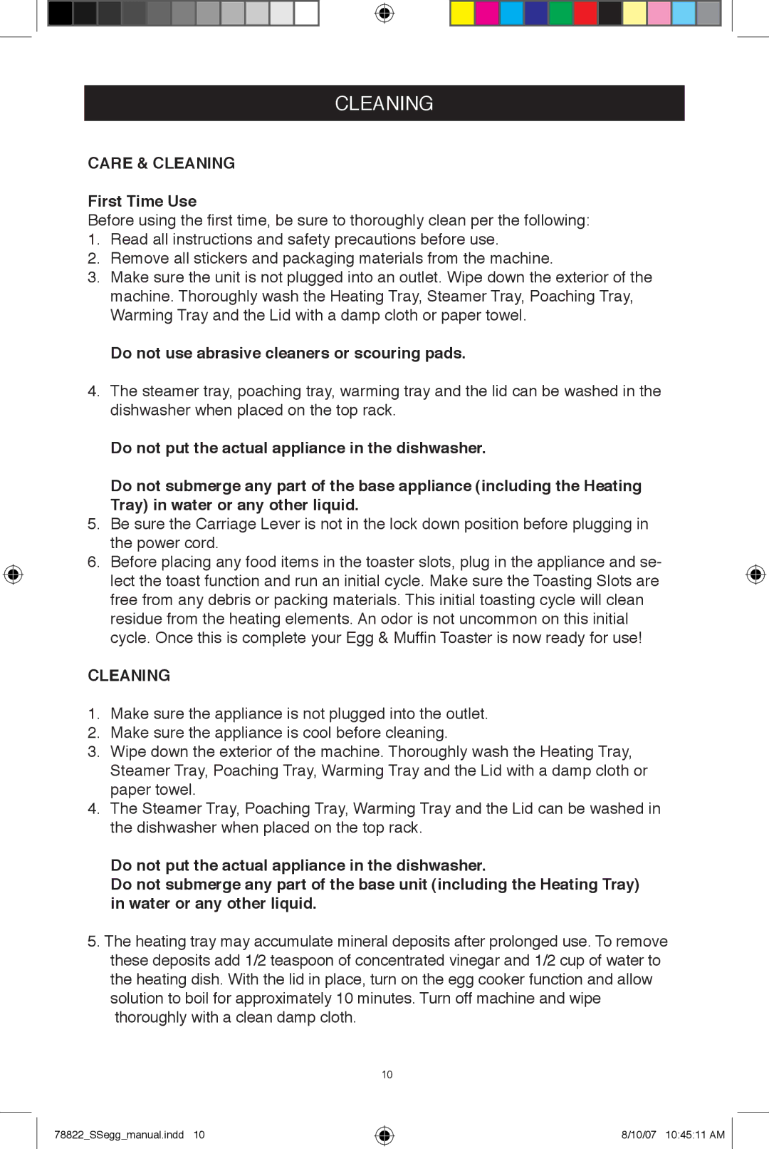 West Bend Egg and Muffin Toaster manual Cleaning, First Time Use, Do not use abrasive cleaners or scouring pads 