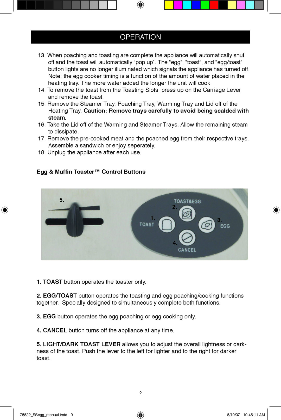 West Bend Egg and Muffin Toaster manual Egg & Muffin Toaster Control Buttons 