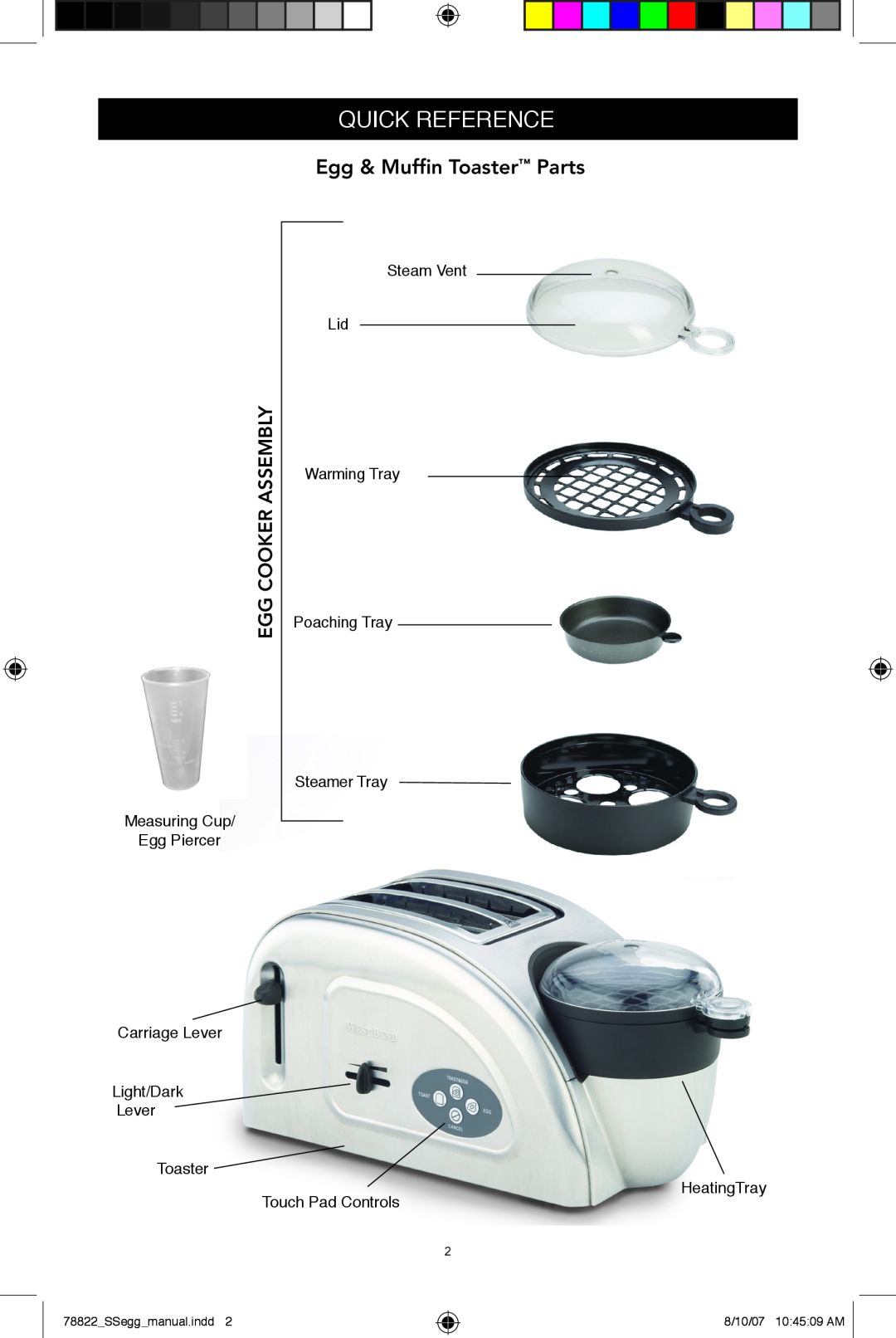 West Bend Egg and Muffin Toaster Quick Reference, Egg & Muffin Toaster Parts, Cooker Assembly, Steam Vent Lid, HeatingTray 