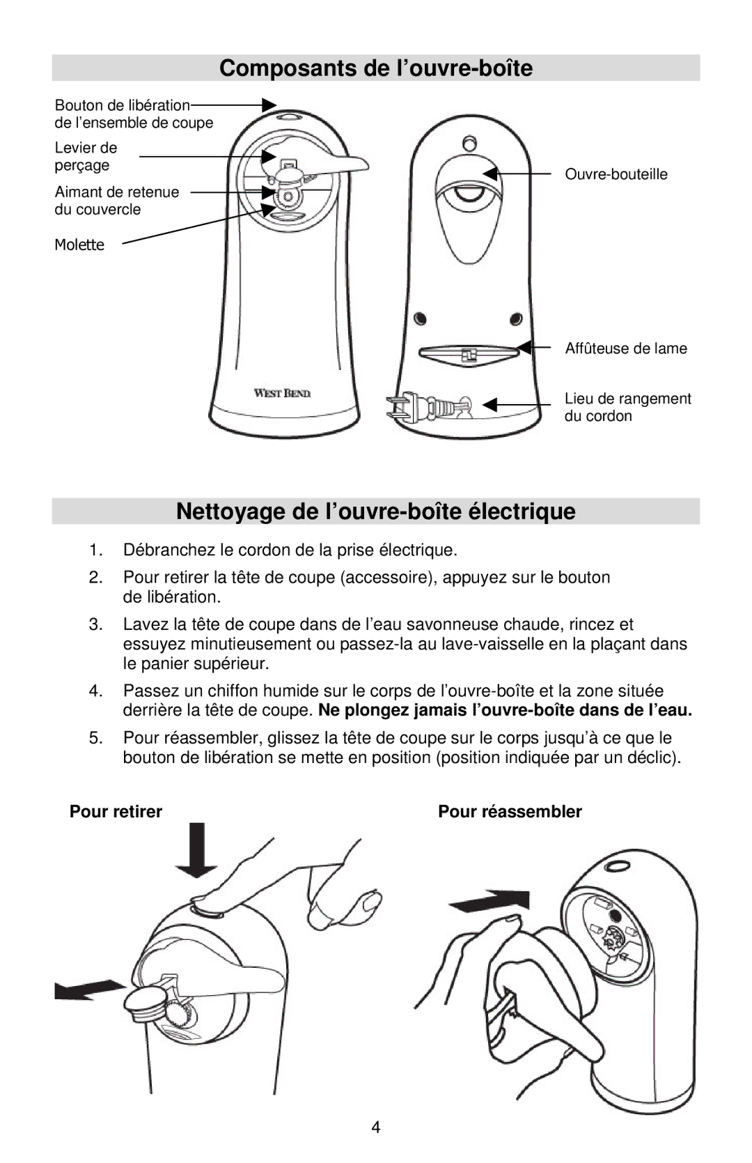 West Bend Electric Can Opener instruction manual Composants de l’ouvre-boîte, Nettoyage de l’ouvre-boîte électrique 