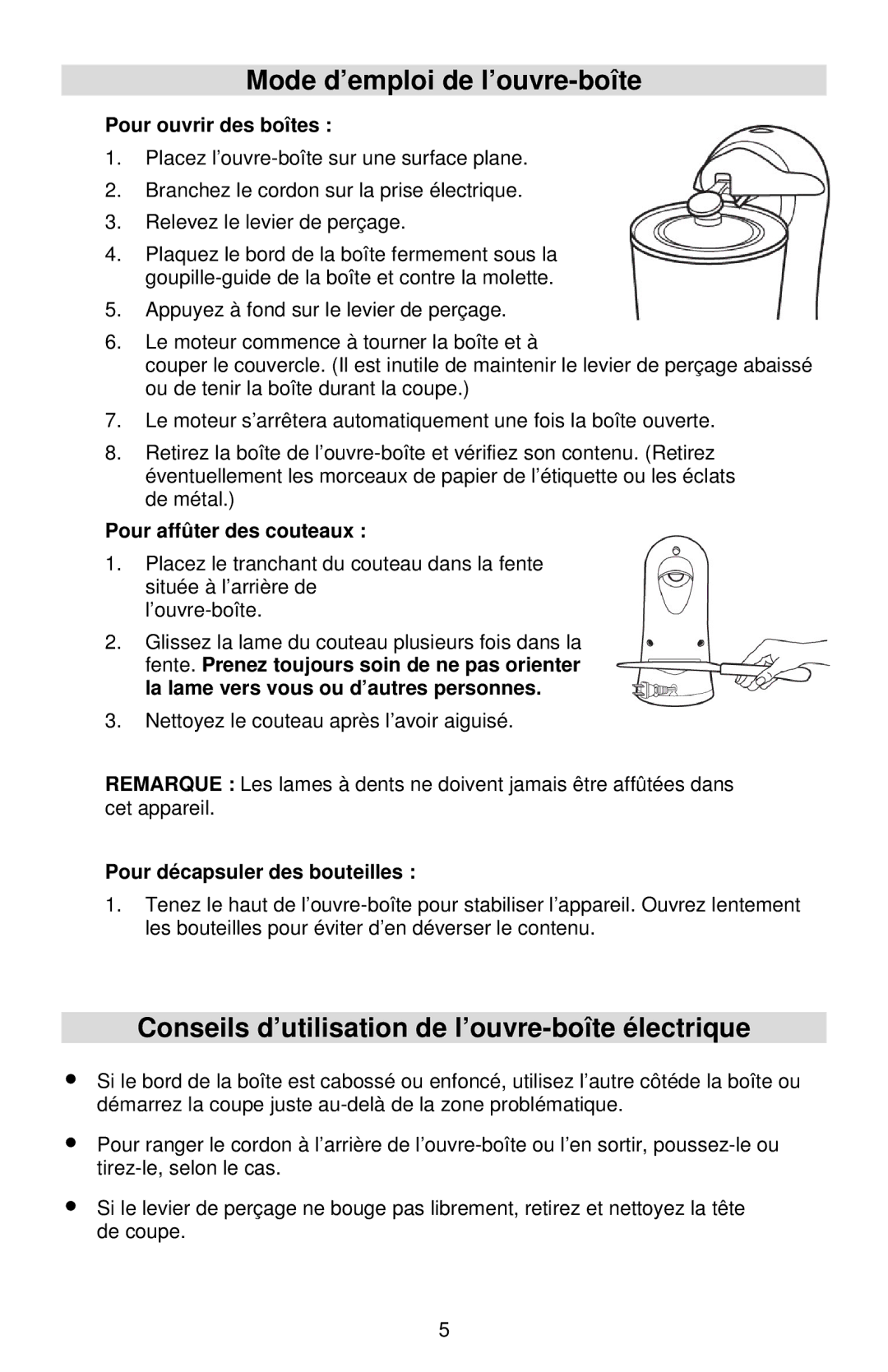 West Bend Electric Can Opener Mode d’emploi de l’ouvre-boîte, Conseils d’utilisation de l’ouvre-boîte électrique 