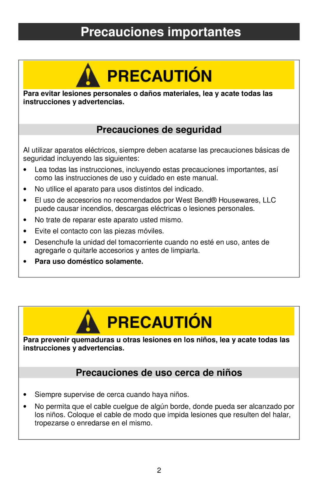 West Bend Electric Can Opener instruction manual Precauciones de seguridad, Precauciones de uso cerca de niños 