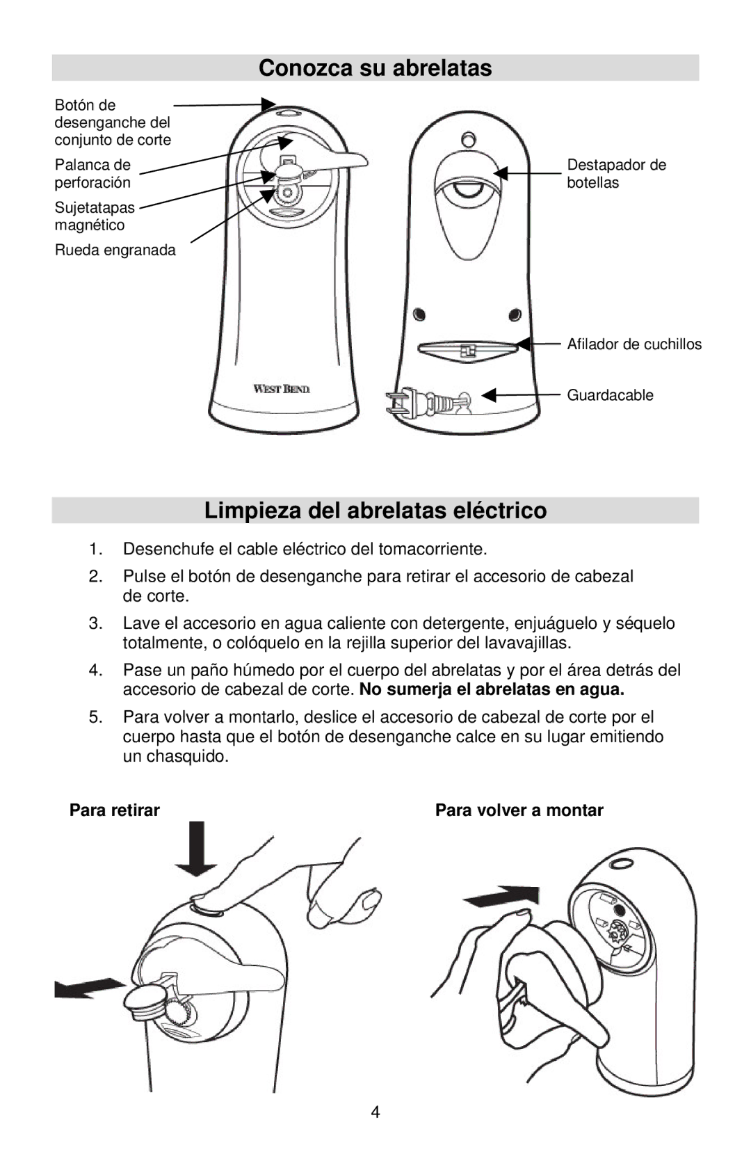 West Bend Electric Can Opener instruction manual Conozca su abrelatas, Limpieza del abrelatas eléctrico 