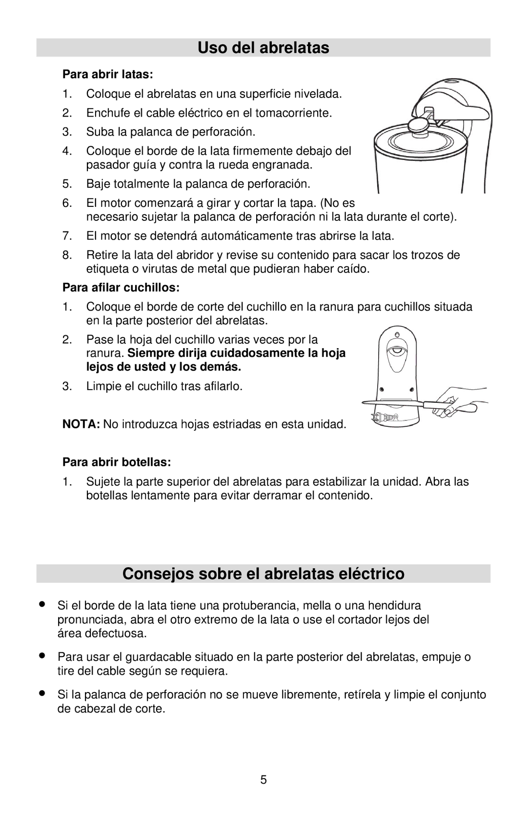 West Bend Electric Can Opener instruction manual Uso del abrelatas, Consejos sobre el abrelatas eléctrico 