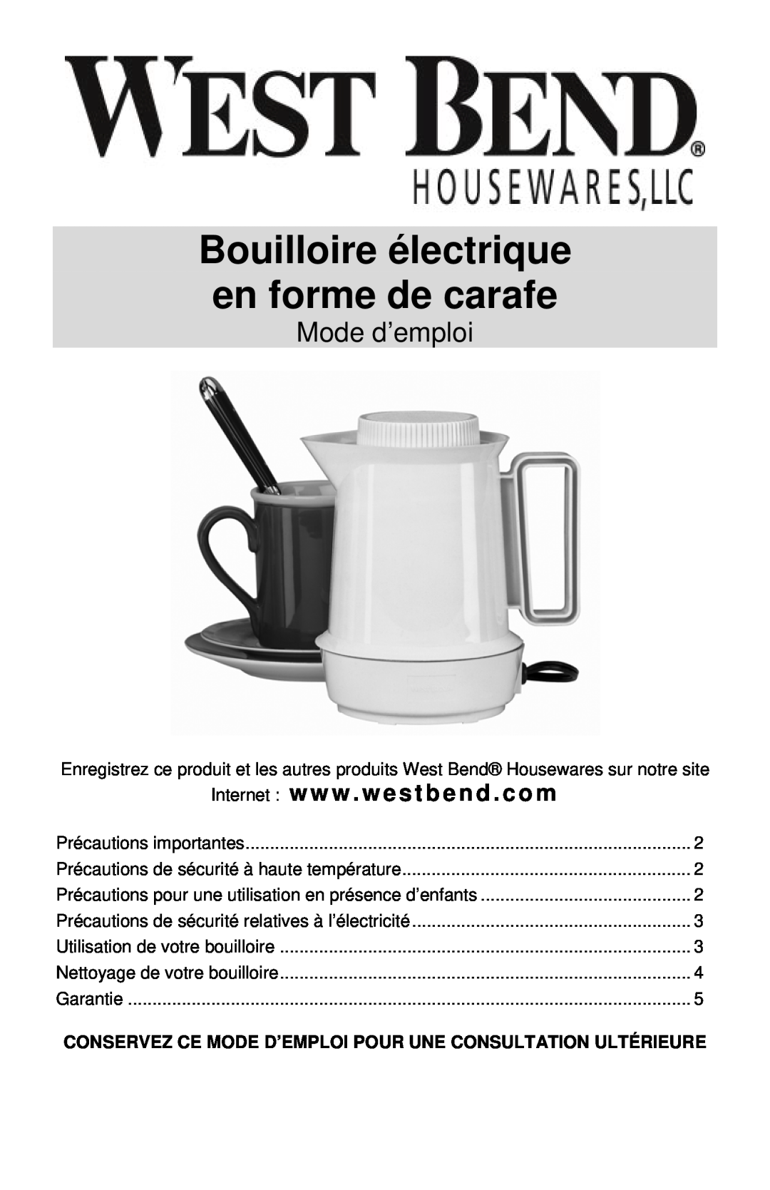 West Bend Electric Hot Pot Mode d’emploi, Internet www . westbend . com, Bouilloire électrique en forme de carafe 