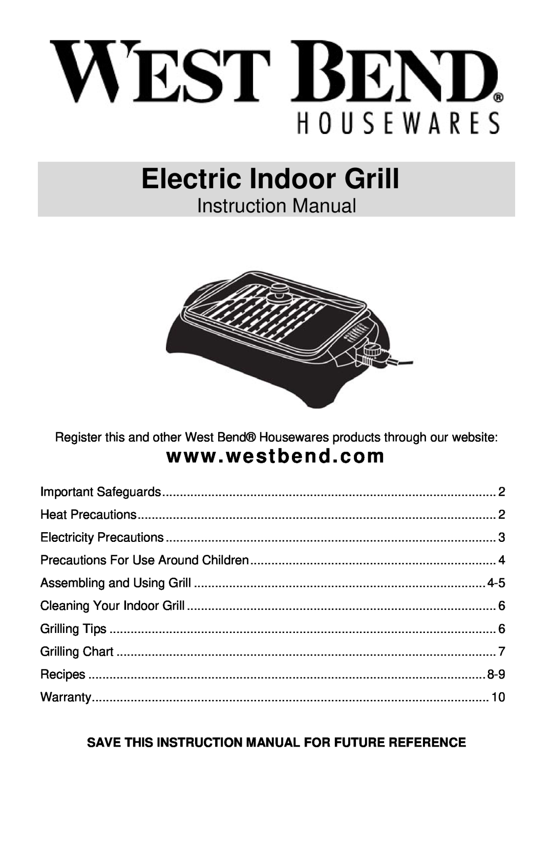 West Bend Electric Indoor Grill instruction manual 