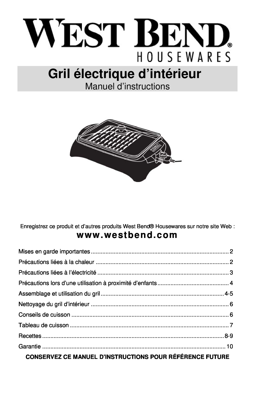 West Bend Electric Indoor Grill instruction manual Gril électrique d’intérieur, Manuel d’instructions 