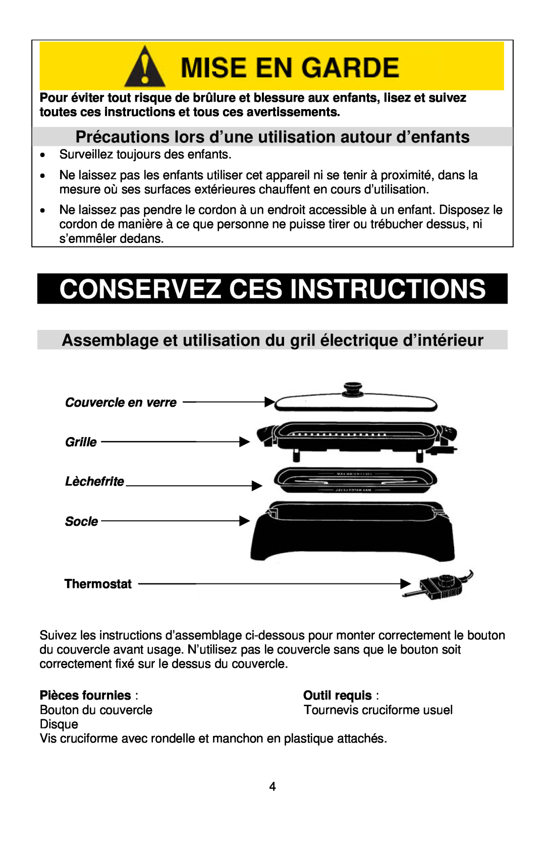 West Bend Electric Indoor Grill instruction manual Conservez Ces Instructions, Thermostat, Pièces fournies, Outil requis 