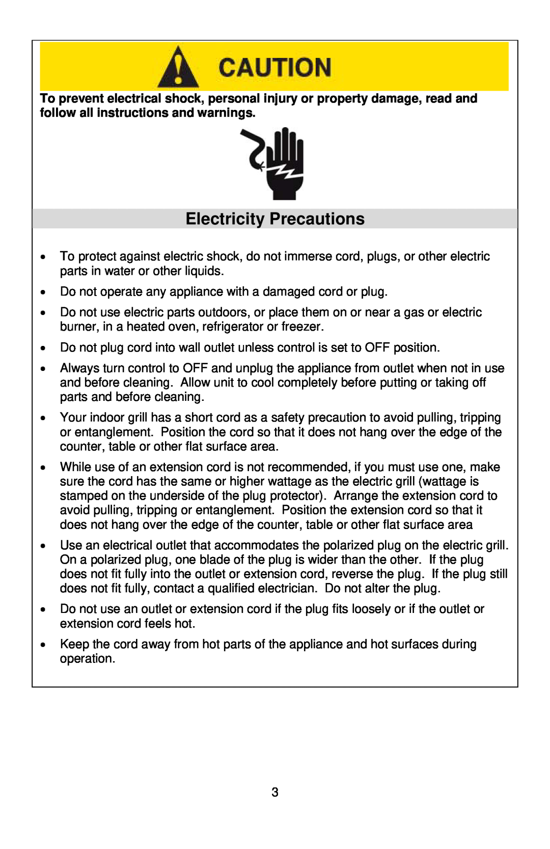 West Bend Electric Indoor Grill instruction manual Electricity Precautions 