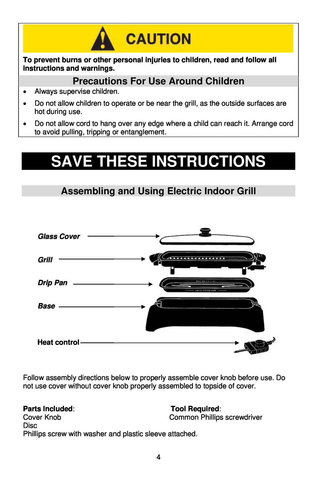 West Bend Electric Indoor Grill Save These Instructions, Glass Cover Grill Drip Pan Base, Heat control, Parts Included 