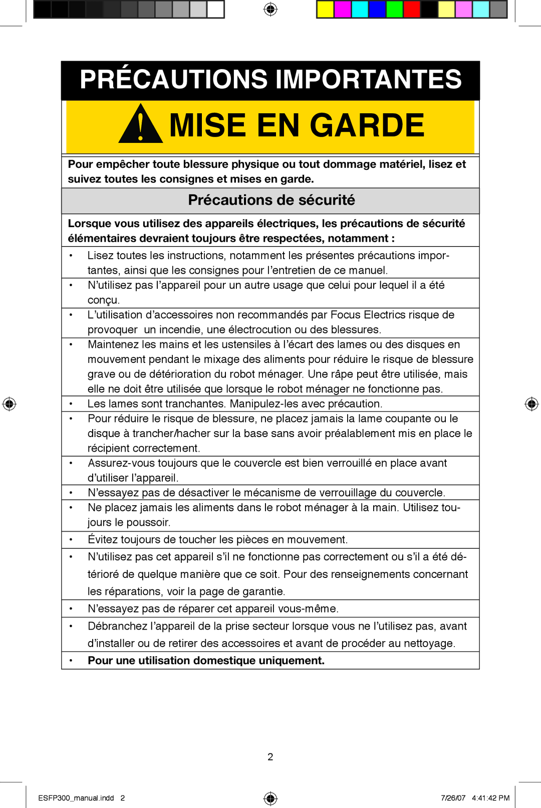 West Bend ESFP300 instruction manual Précautions de sécurité, Pour une utilisation domestique uniquement 