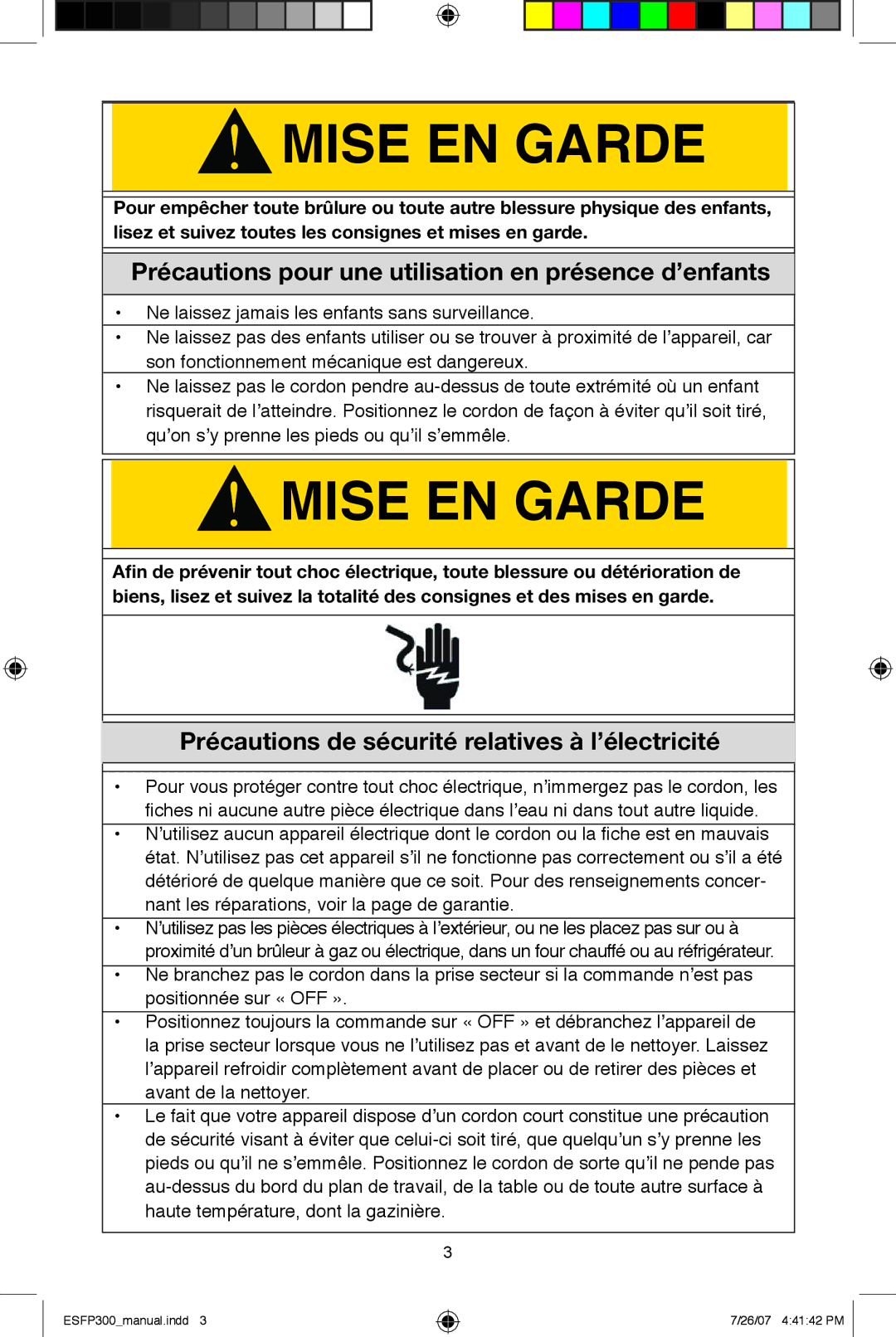 West Bend ESFP300 instruction manual Précautions pour une utilisation en présence d’enfants 