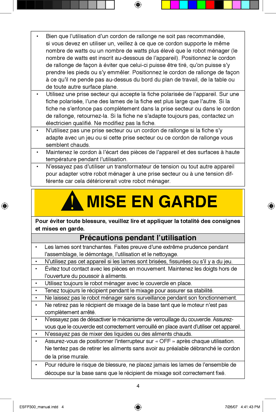 West Bend ESFP300 instruction manual Précautions pendant l’utilisation 