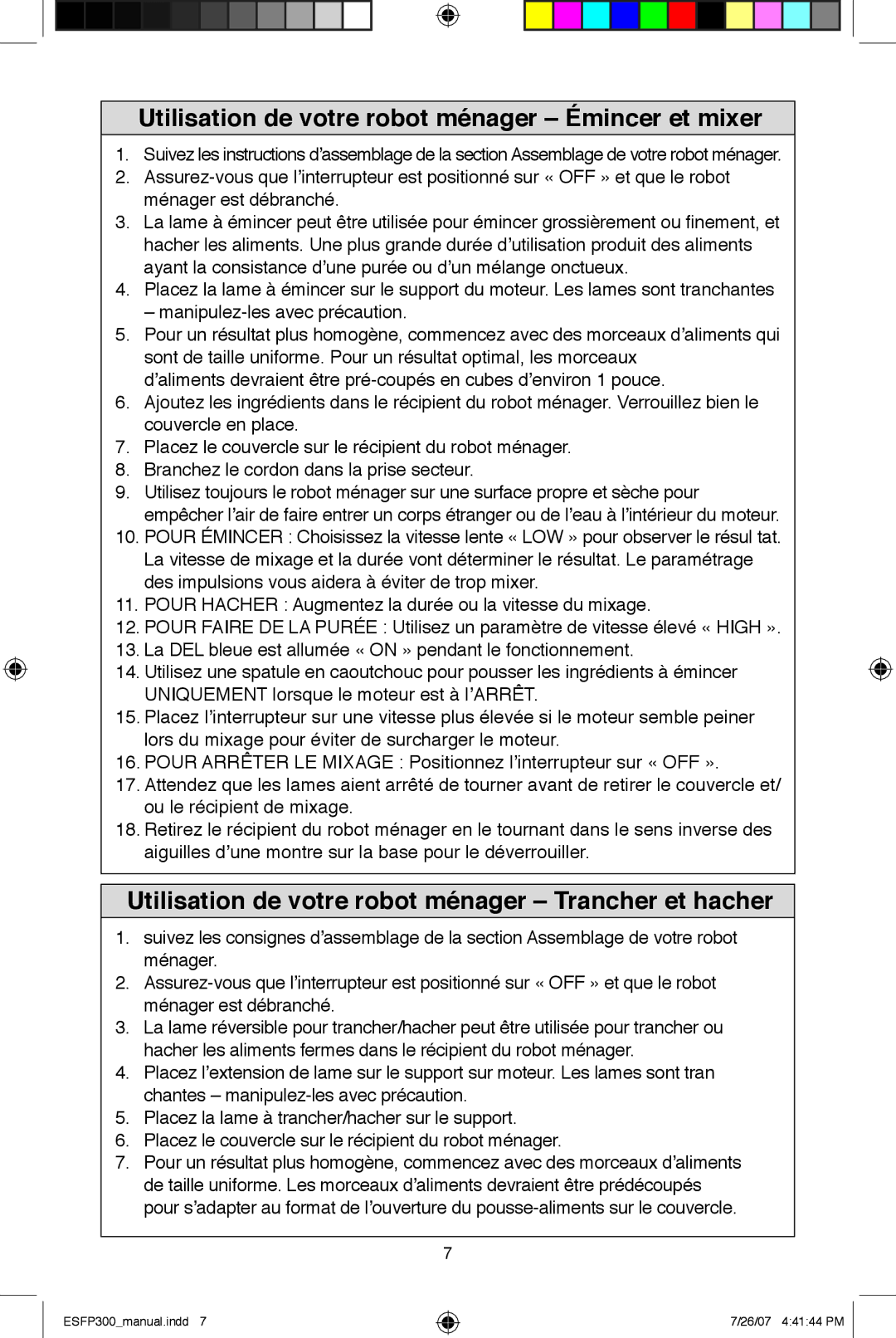 West Bend ESFP300 instruction manual Utilisation de votre robot ménager Émincer et mixer 