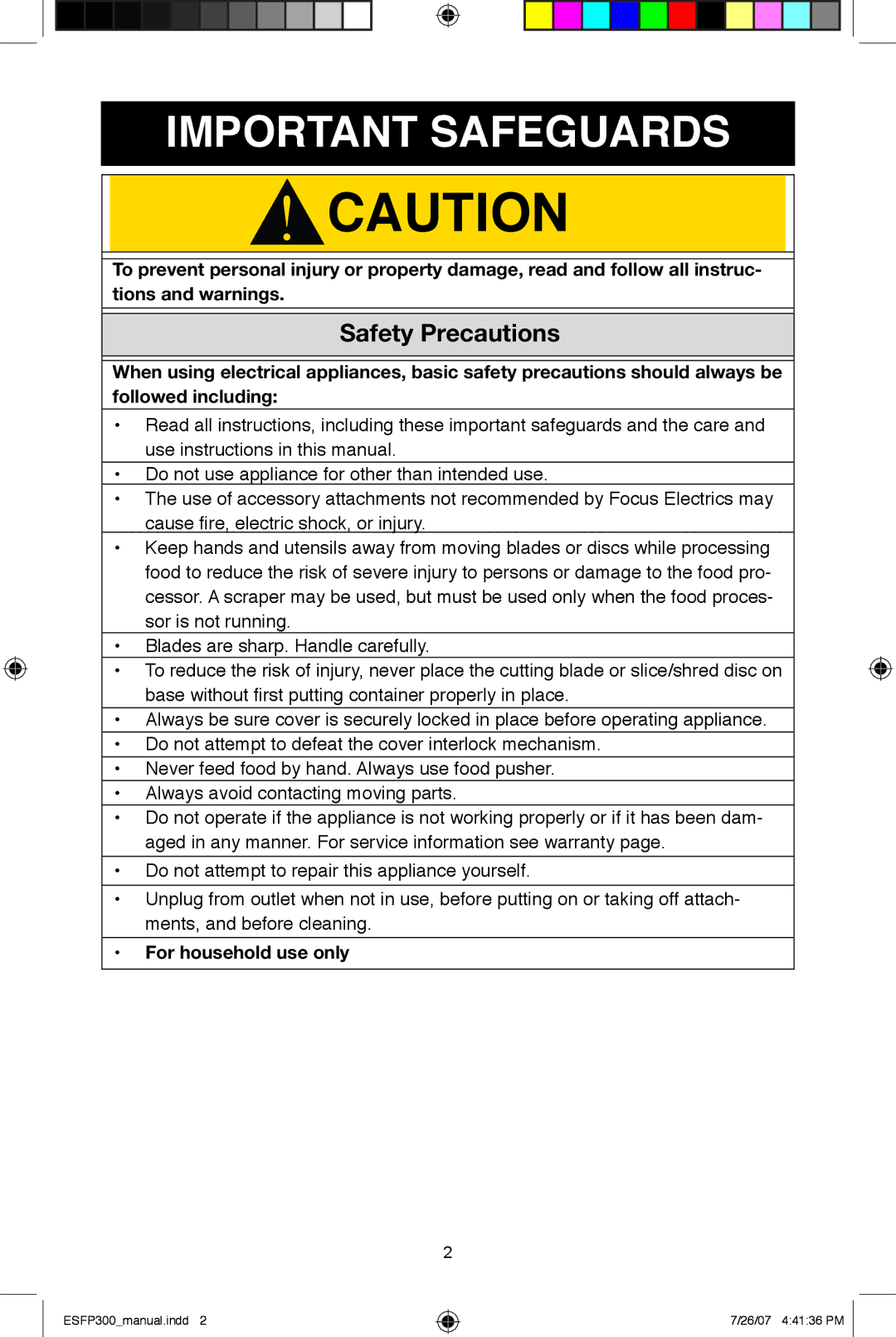 West Bend ESFP300 instruction manual Safety Precautions, For household use only 