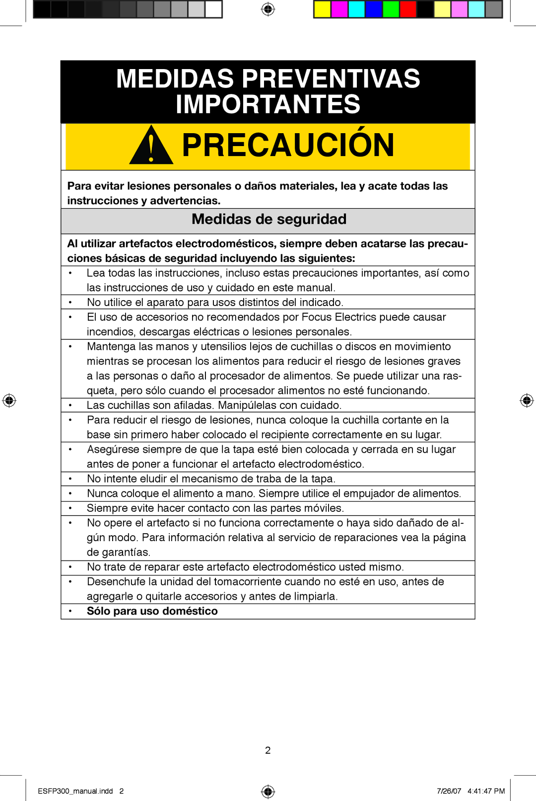 West Bend ESFP300 instruction manual Medidas de seguridad, Sólo para uso doméstico 