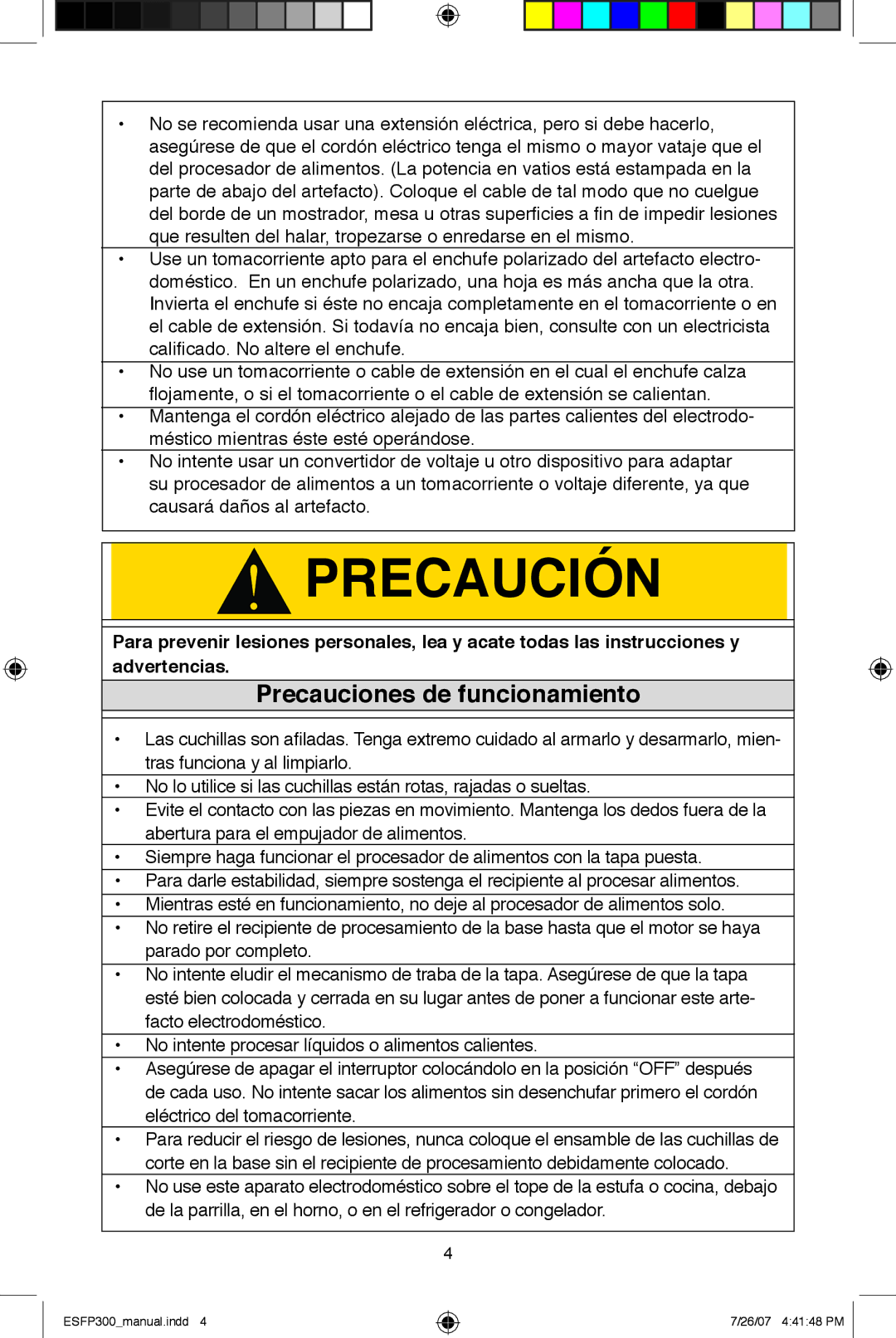 West Bend ESFP300 instruction manual Precaución 