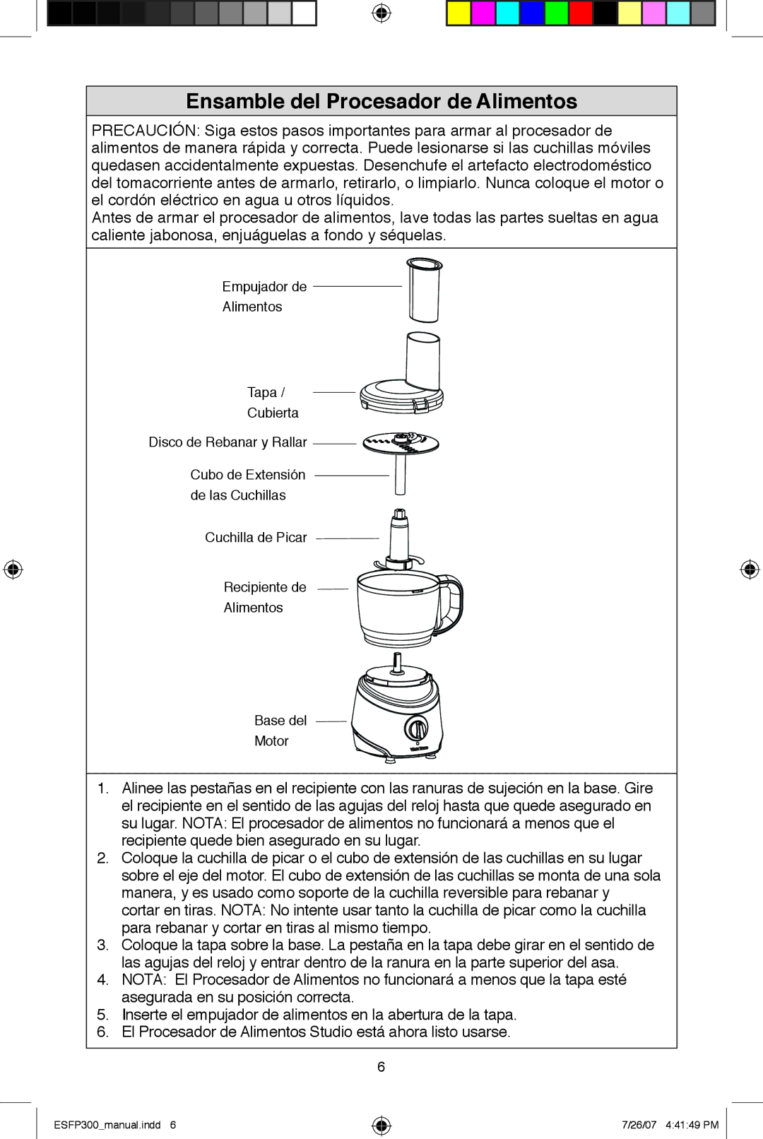 West Bend ESFP300 instruction manual Ensamble del Procesador de Alimentos 