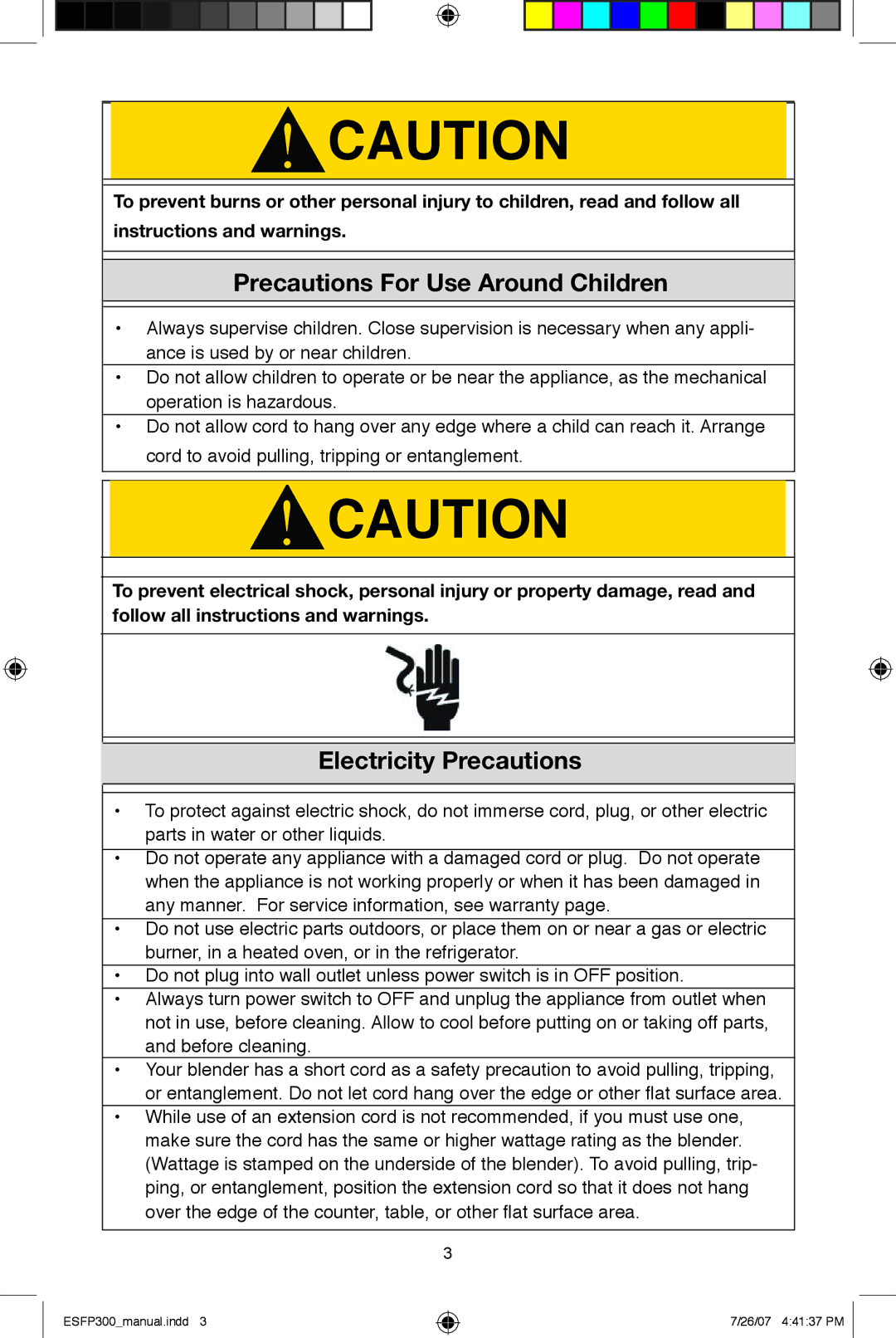 West Bend ESFP300 instruction manual Precautions For Use Around Children, Electricity Precautions 