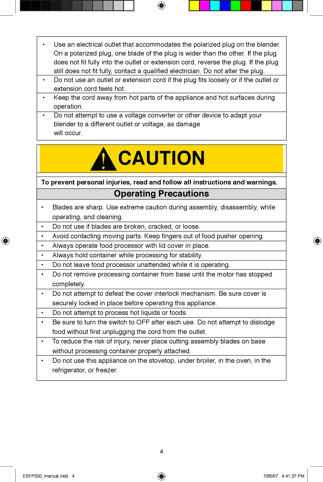 West Bend ESFP300 instruction manual Operating Precautions 