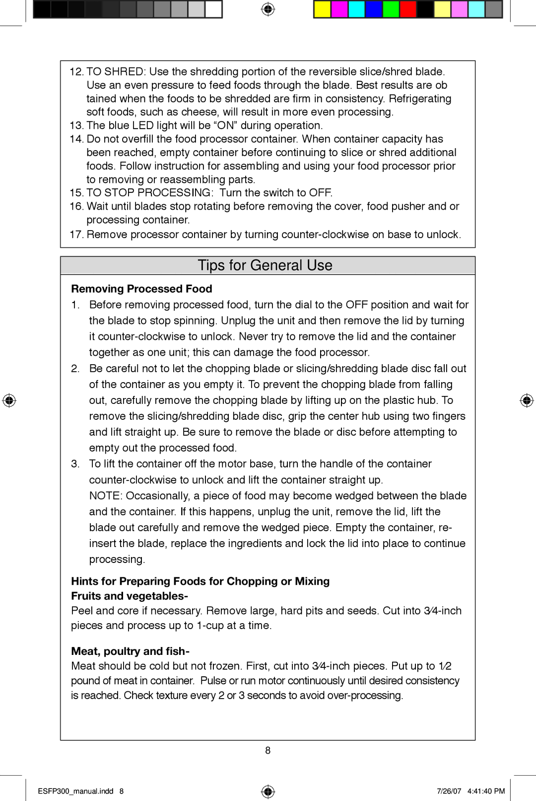 West Bend ESFP300 instruction manual Tips for General Use, Removing Processed Food, Meat, poultry and fish 