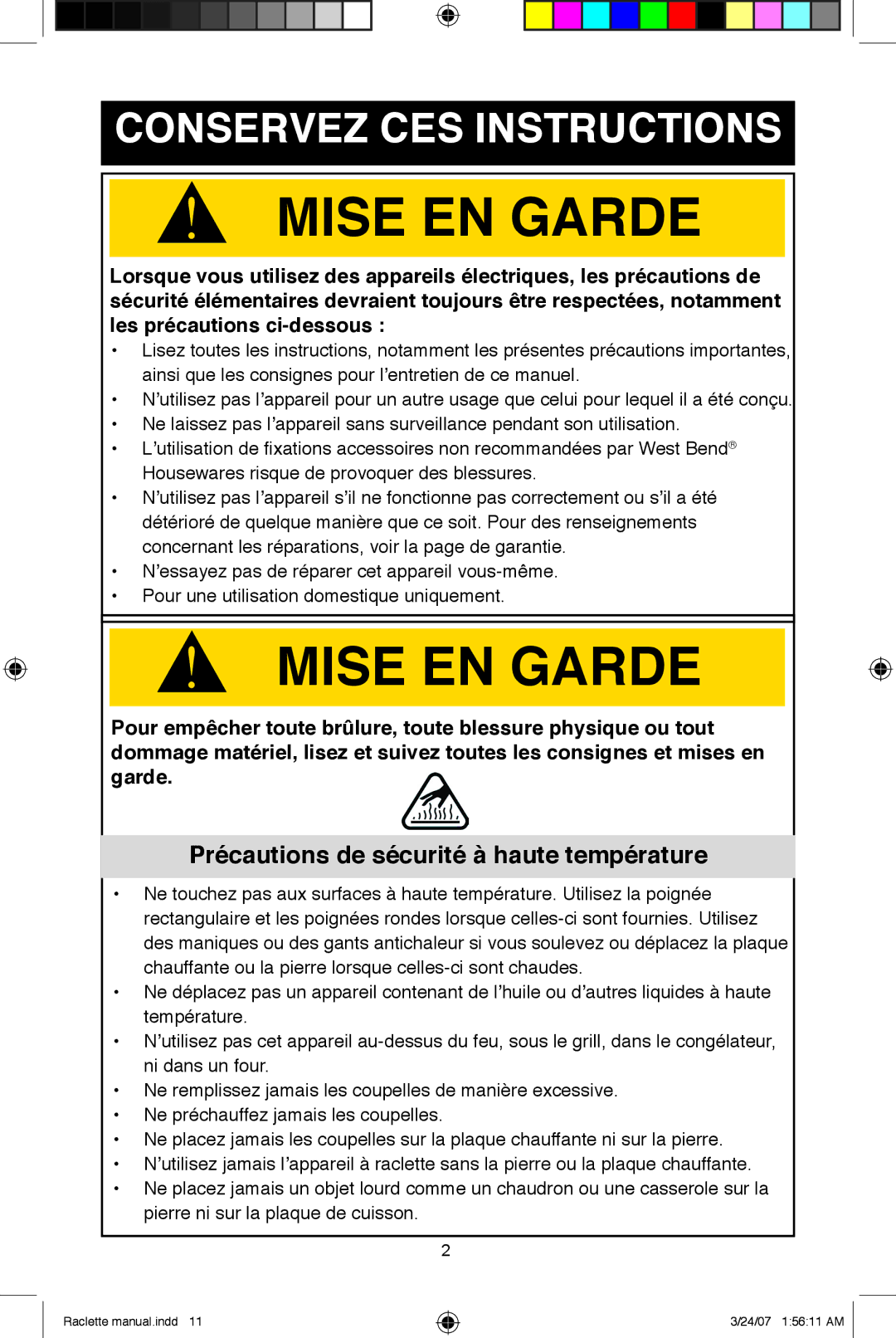 West Bend Fondue Maker manual Mise EN Garde, Précautions de sécurité à haute température 