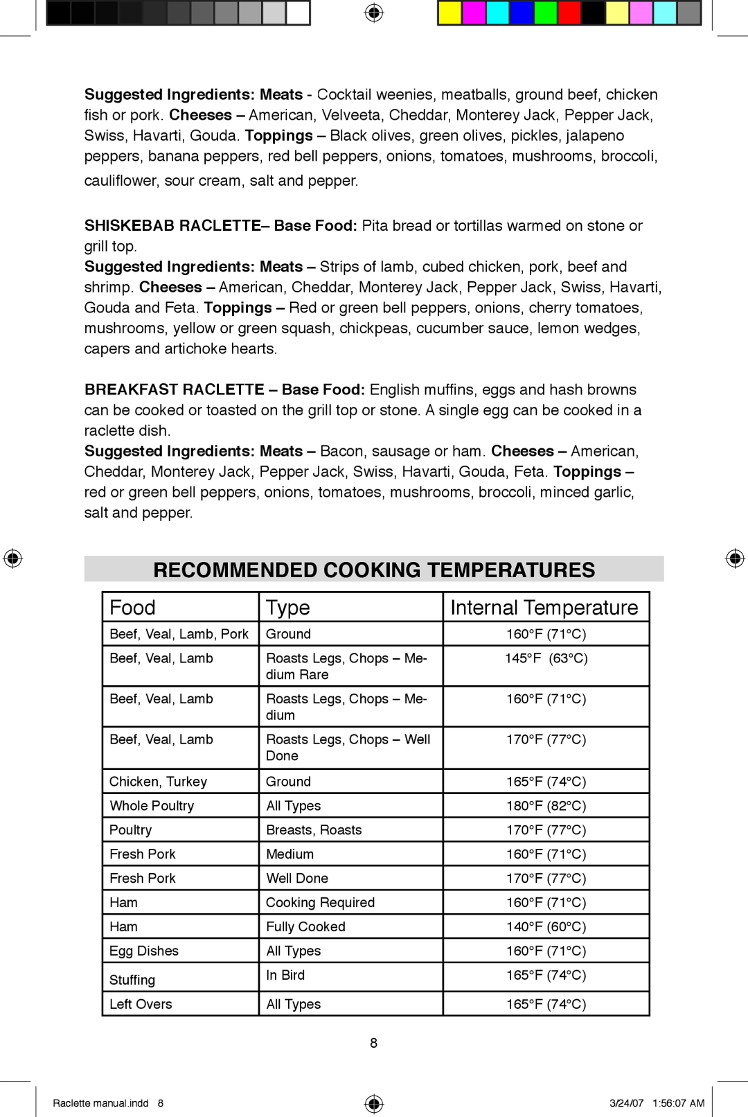 West Bend Fondue Maker manual Recommended Cooking Temperatures, Food Type Internal Temperature 