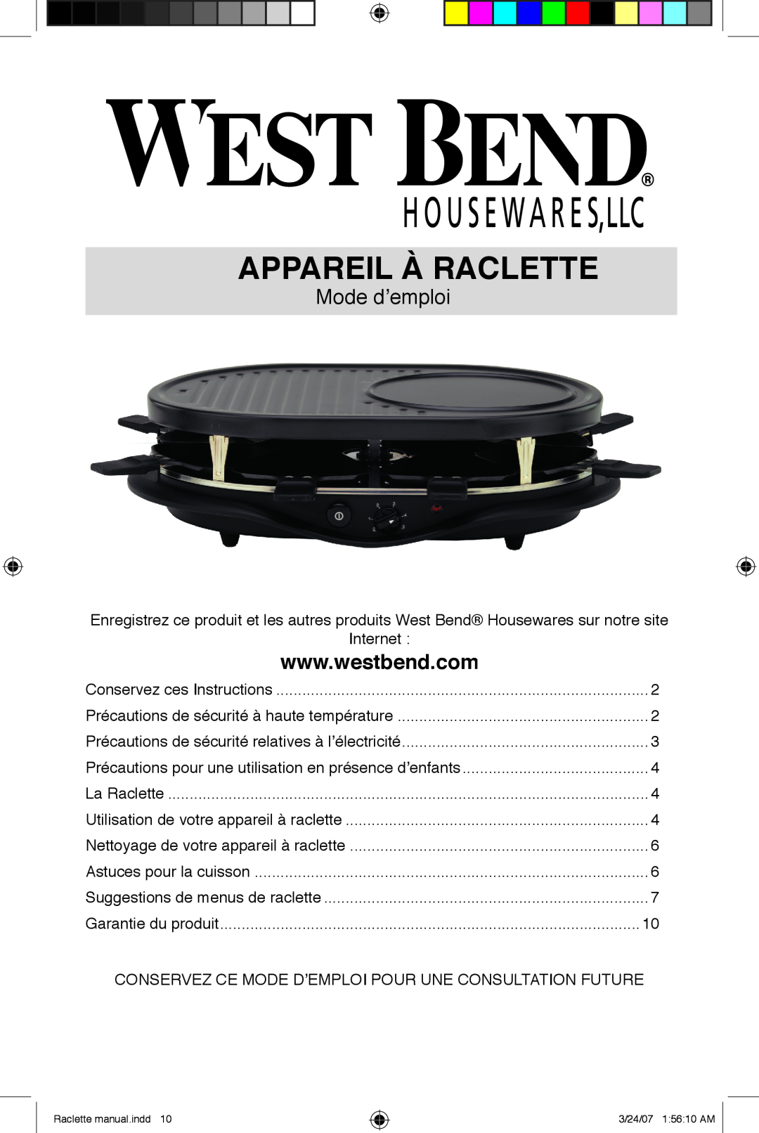 West Bend Fondue Maker manual Appareil À Raclette, Mode d’emploi 