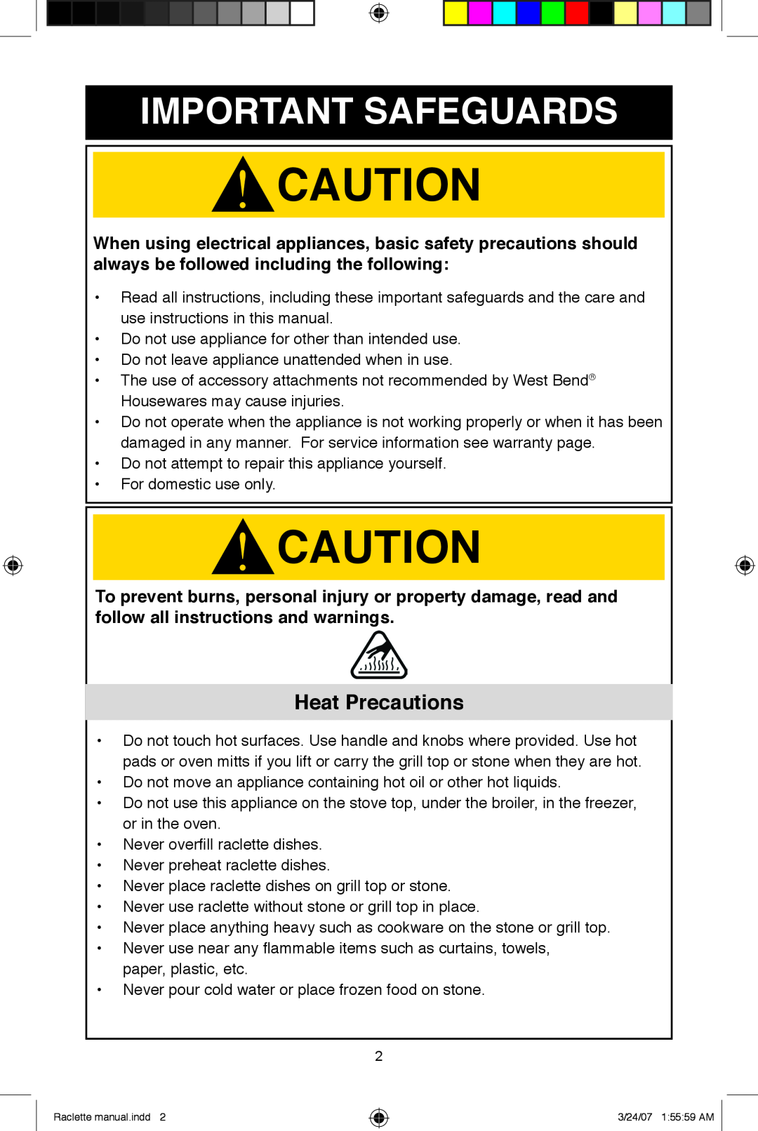 West Bend Fondue Maker manual Important Safeguards, Heat Precautions 