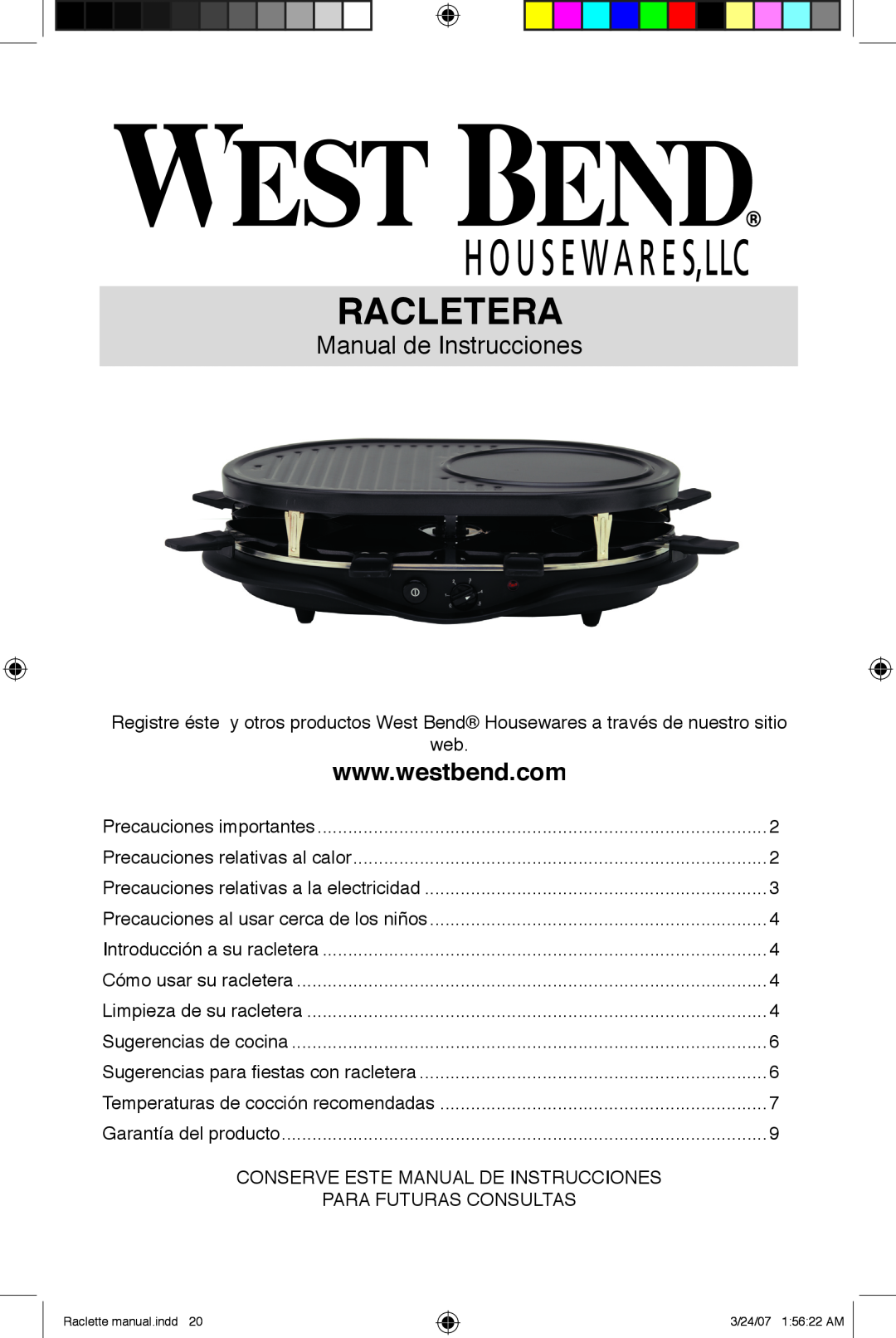 West Bend Fondue Maker manual Racletera, Manual de Instrucciones 