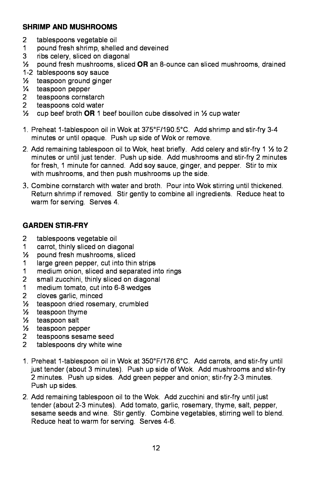 West Bend Housewares Electric Wok instruction manual Shrimp And Mushrooms, Garden Stir-Fry 