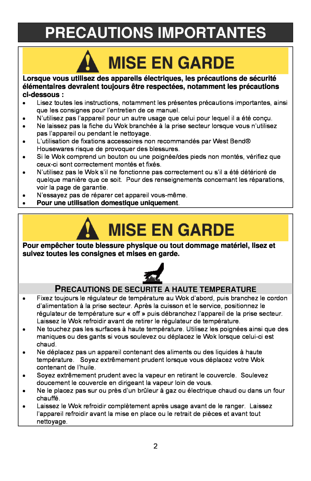 West Bend Housewares Electric Wok instruction manual Precautions Importantes, Precautions De Securite A Haute Temperature 