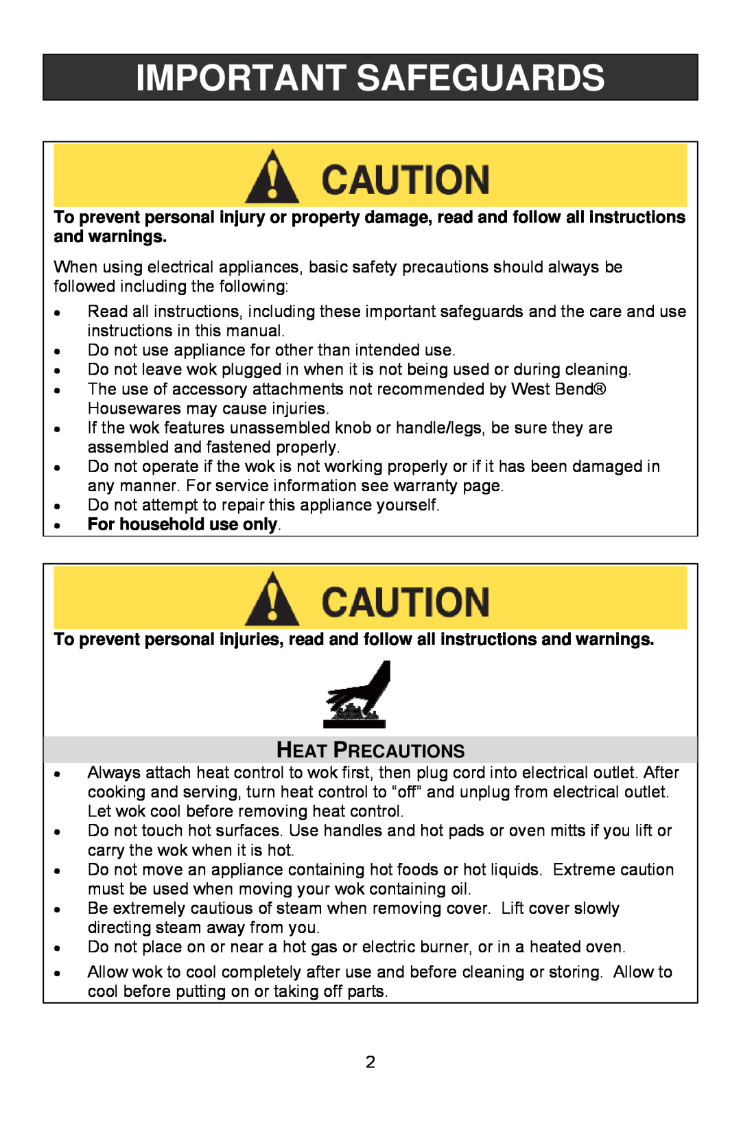 West Bend Housewares Electric Wok instruction manual Important Safeguards, Heat Precautions 