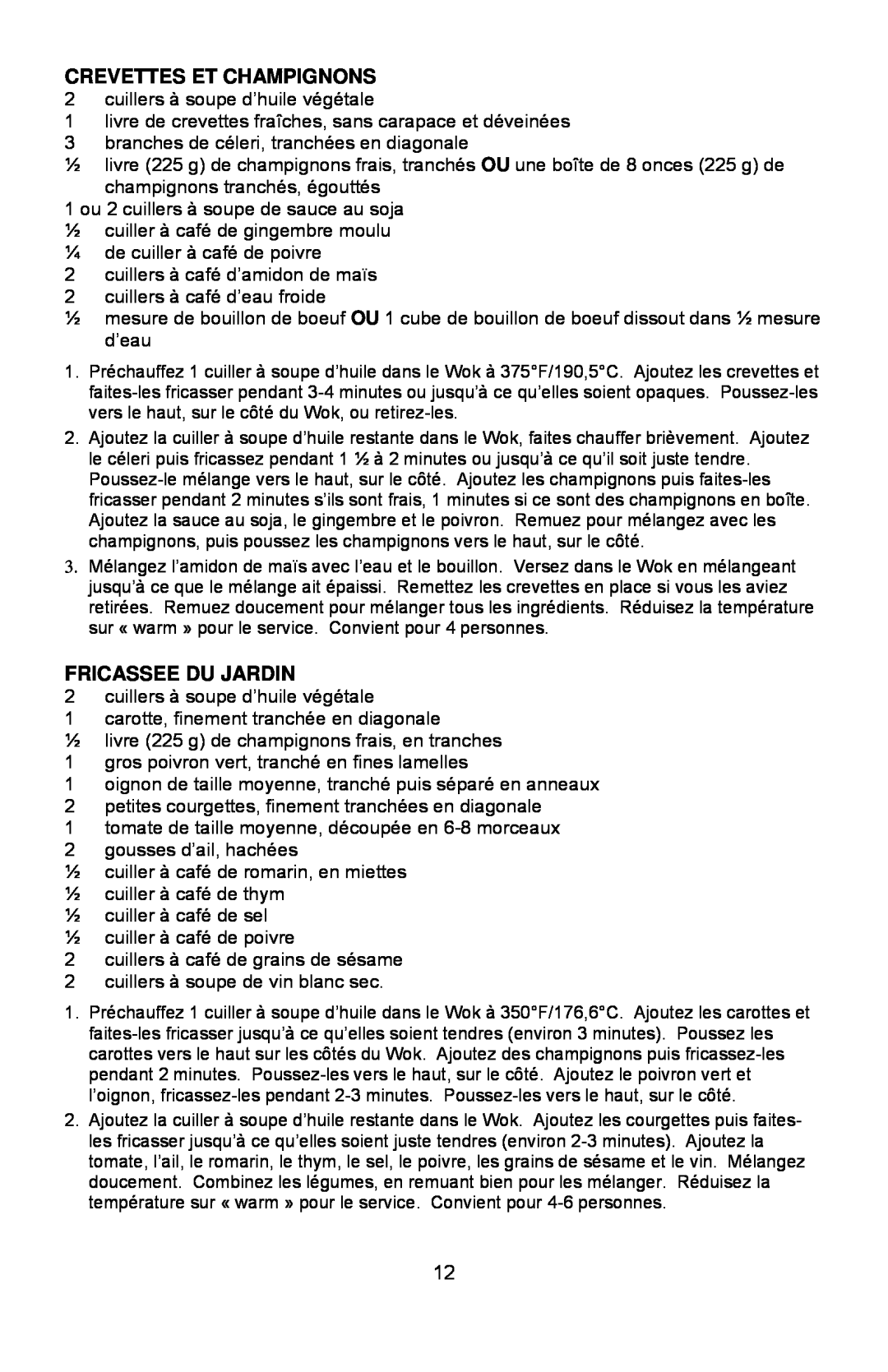 West Bend Housewares Electric Wok instruction manual Crevettes Et Champignons, Fricassee Du Jardin 