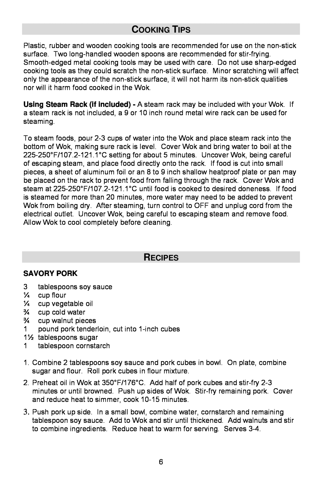 West Bend Housewares Electric Wok instruction manual Cooking Tips, Recipes, Savory Pork 