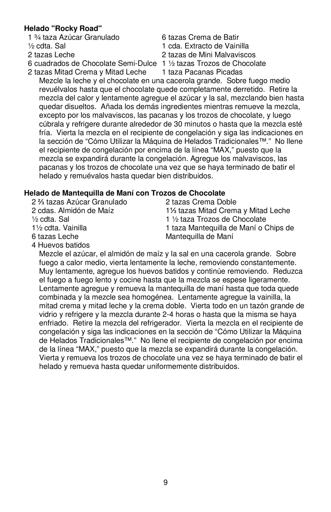 West Bend IC12701 instruction manual Helado Rocky Road, Helado de Mantequilla de Maní con Trozos de Chocolate 