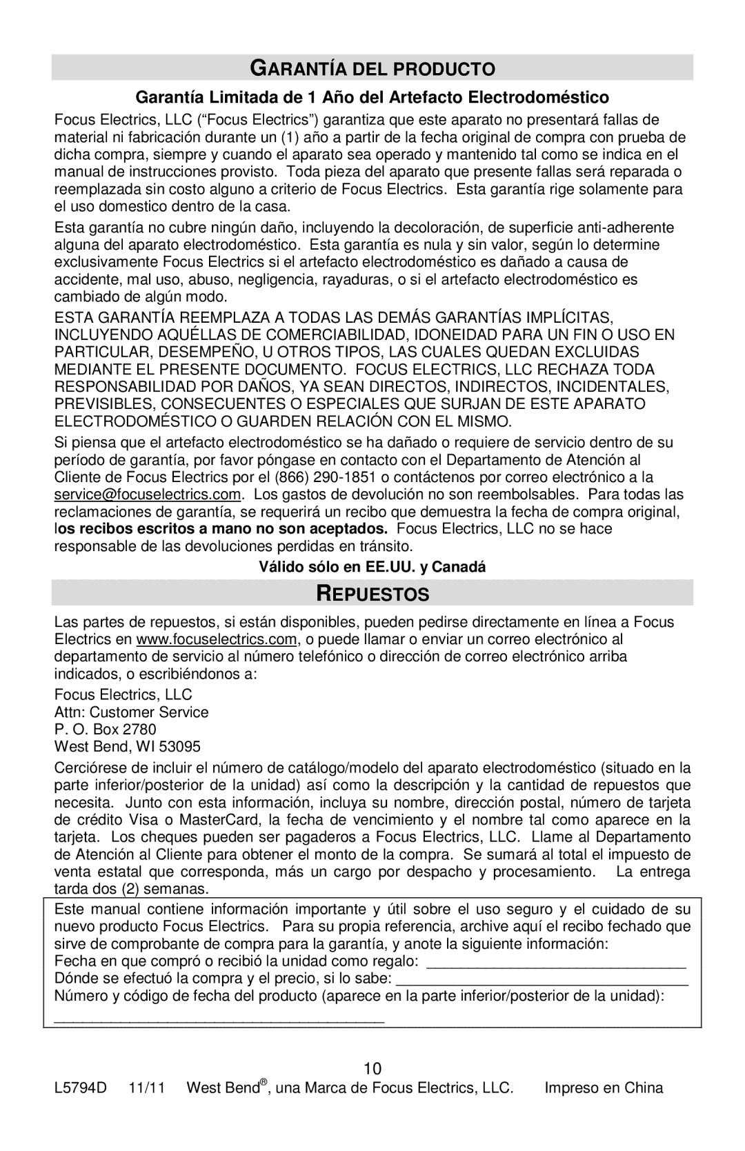 West Bend IC12701 Garantía DEL Producto, Repuestos, Garantía Limitada de 1 Año del Artefacto Electrodoméstico 