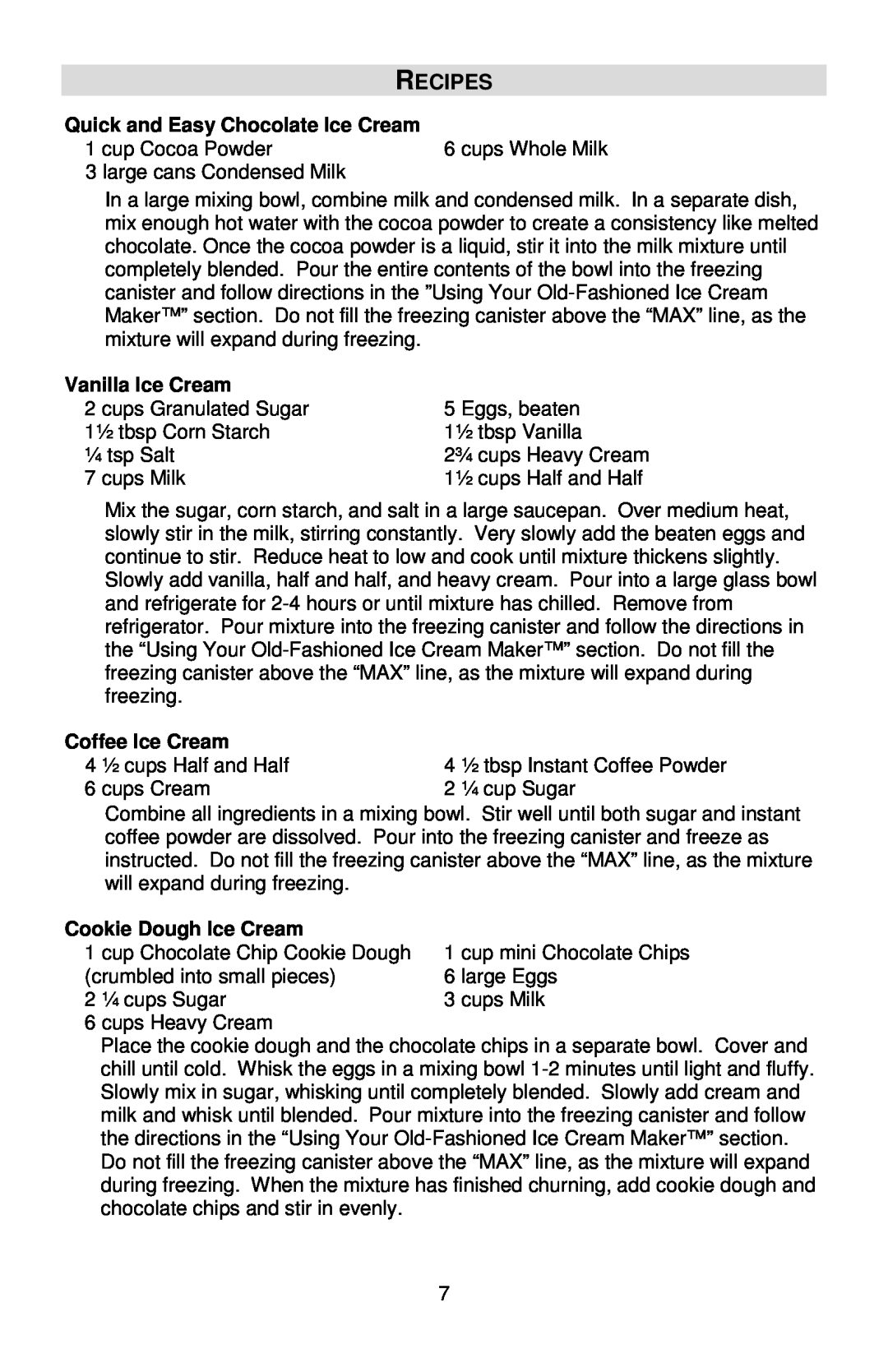 West Bend IC12701 Recipes, Quick and Easy Chocolate Ice Cream, Vanilla Ice Cream, Coffee Ice Cream, Cookie Dough Ice Cream 