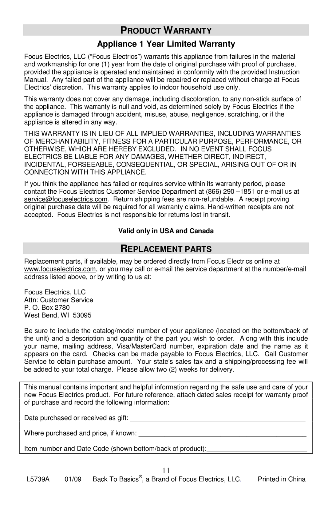 West Bend SM700, II instruction manual Product Warranty, Replacement Parts 