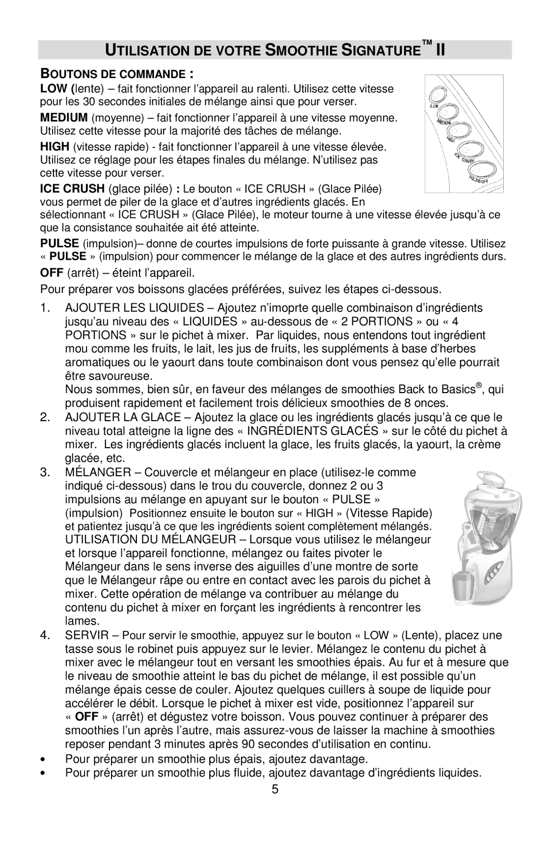 West Bend SM700, II instruction manual Utilisation DE Votre Smoothie Signature, Boutons DE Commande 