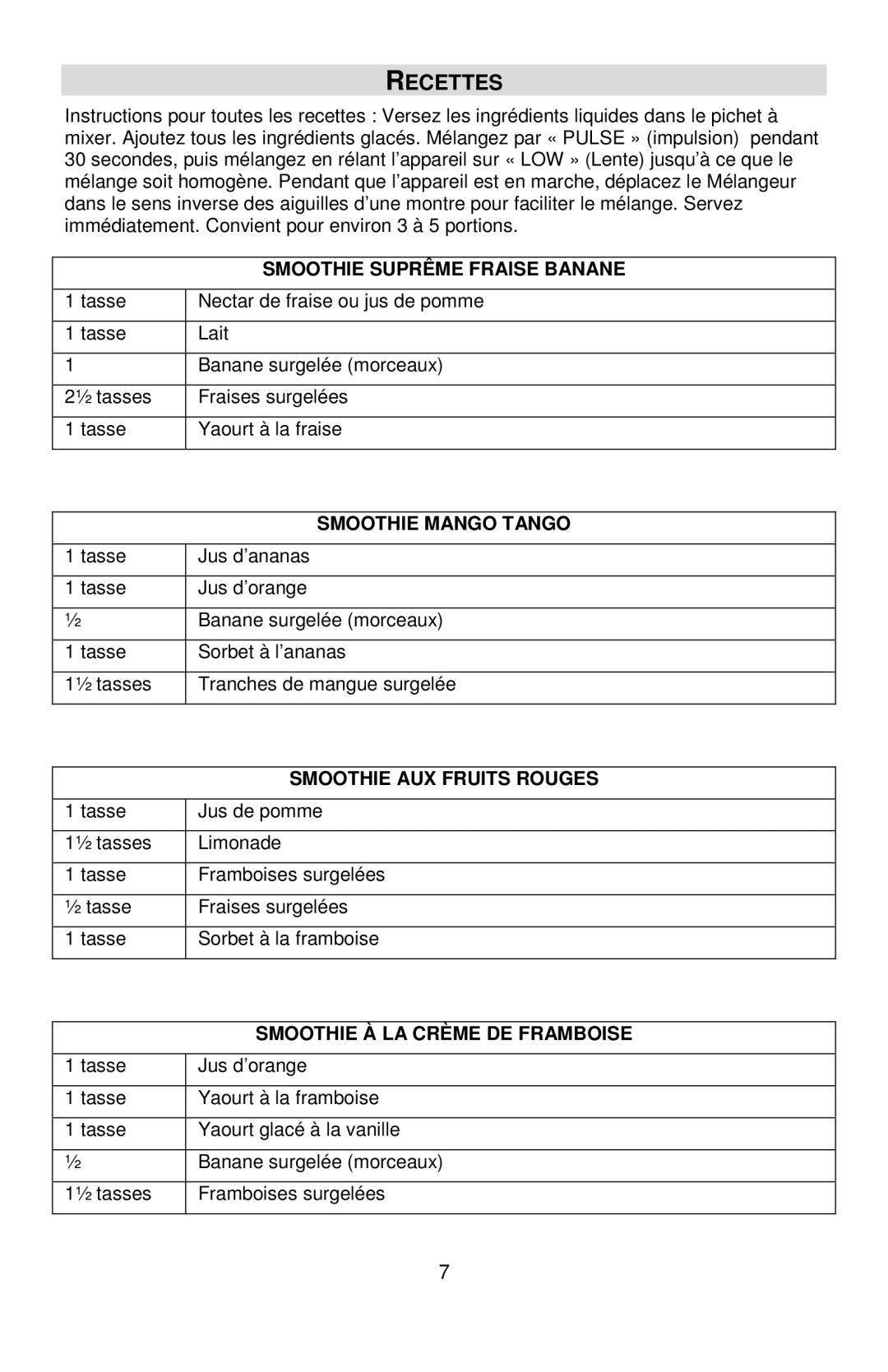 West Bend SM700, II Recettes, Smoothie Suprême Fraise Banane, Smoothie Mango Tango, Smoothie AUX Fruits Rouges 