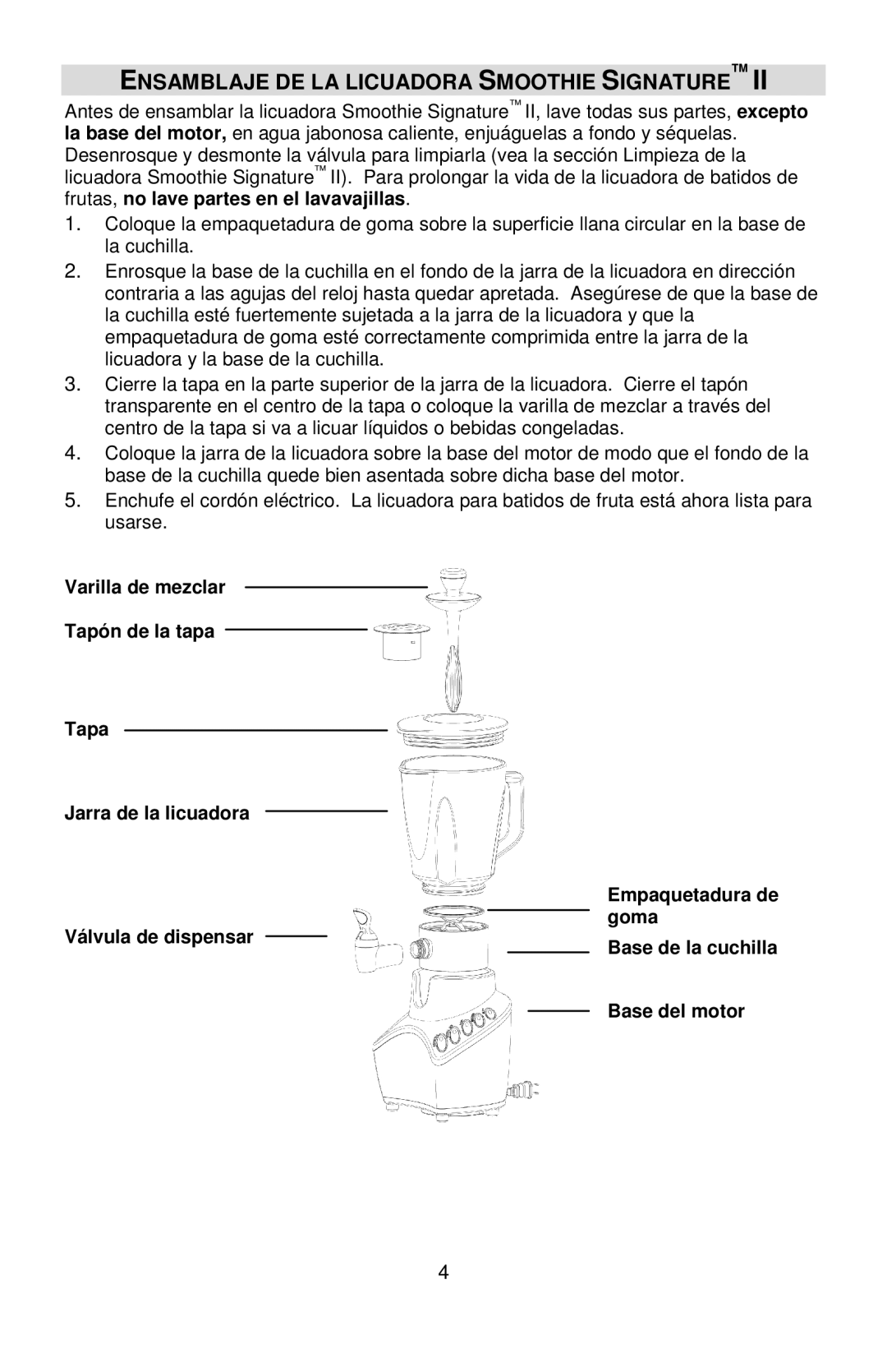 West Bend II, SM700 instruction manual Ensamblaje DE LA Licuadora Smoothie Signature 