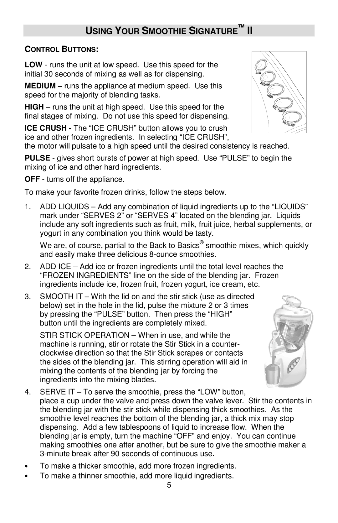 West Bend SM700, II instruction manual Using Your Smoothie Signature, Control Buttons 