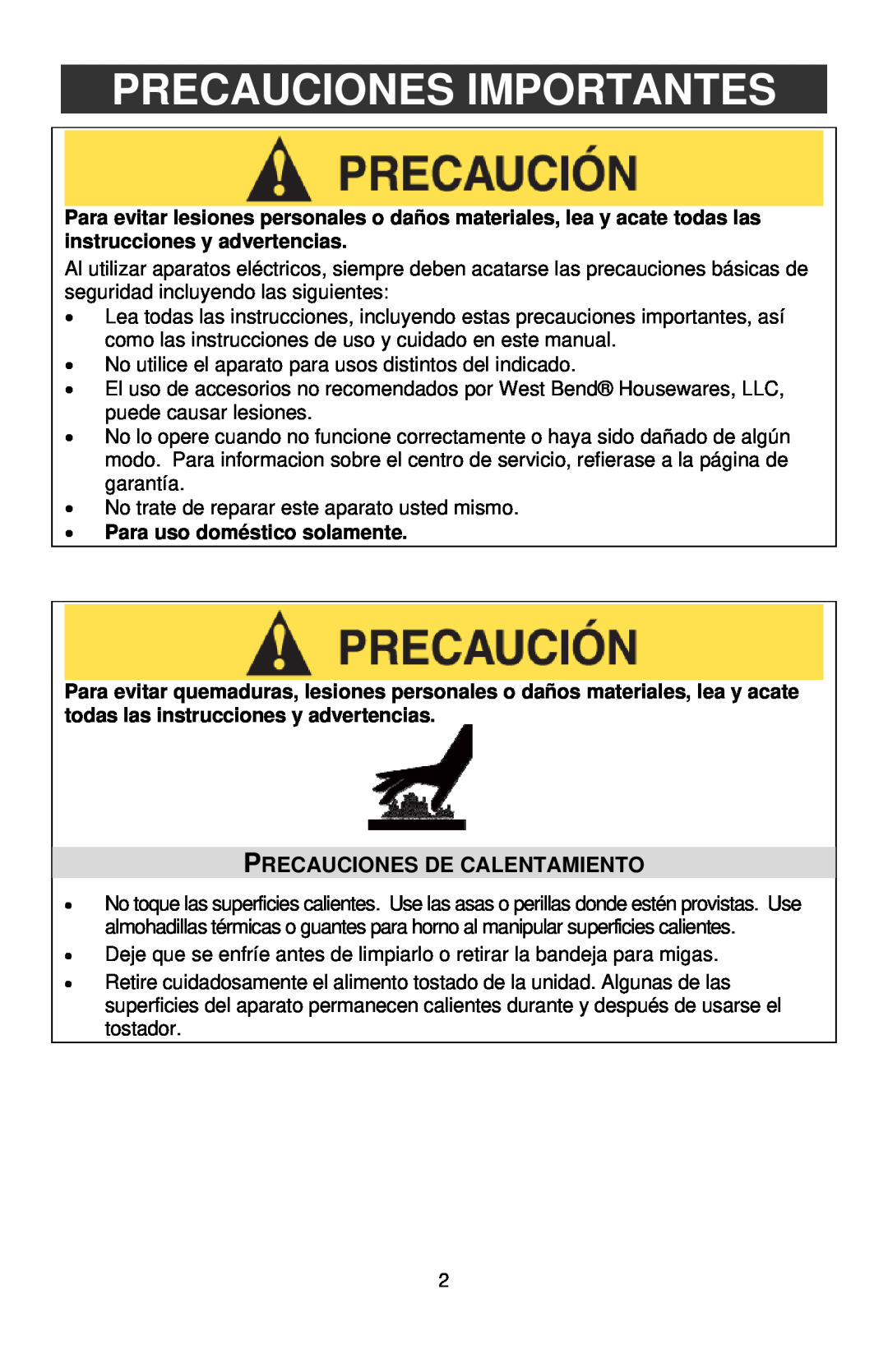 West Bend Infrared Toaster instruction manual Precauciones Importantes, Precauciones De Calentamiento 