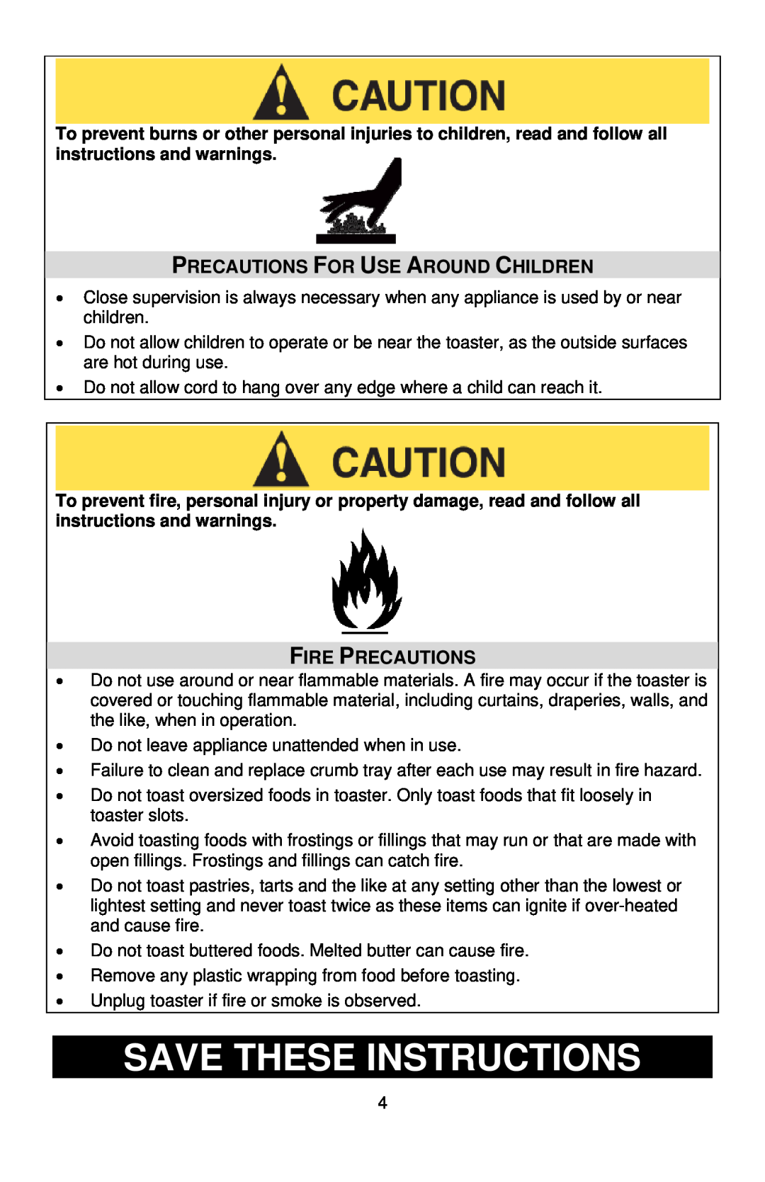 West Bend Infrared Toaster Save These Instructions, Precautions For Use Around Children, Fire Precautions 