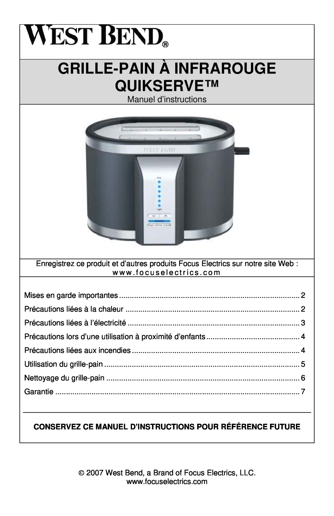 West Bend Infrared Toaster instruction manual Grille-Painà Infrarouge Quikserve, Manuel d’instructions 