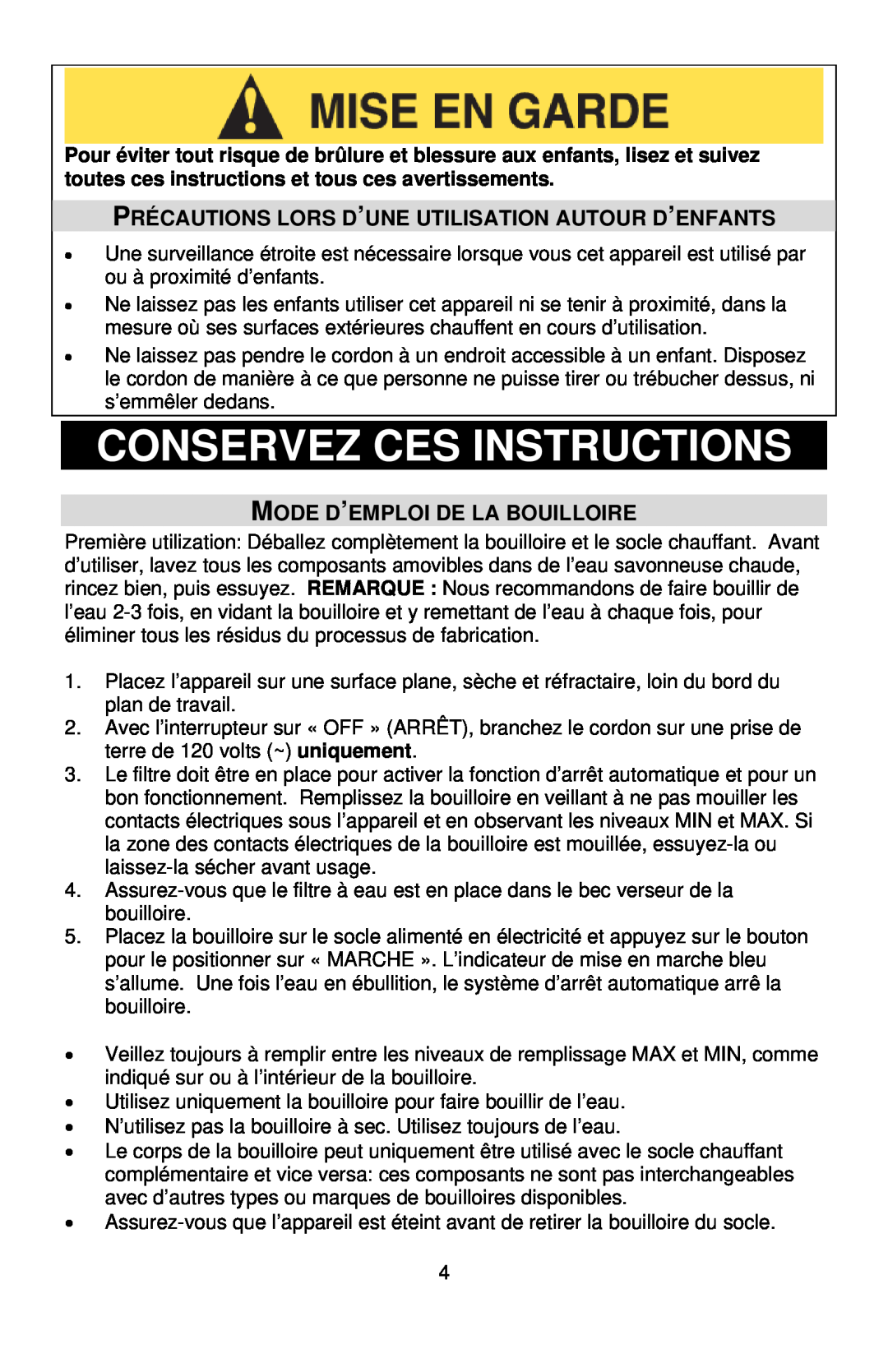 West Bend Kettle instruction manual Conservez Ces Instructions, Mode D’Emploi De La Bouilloire 