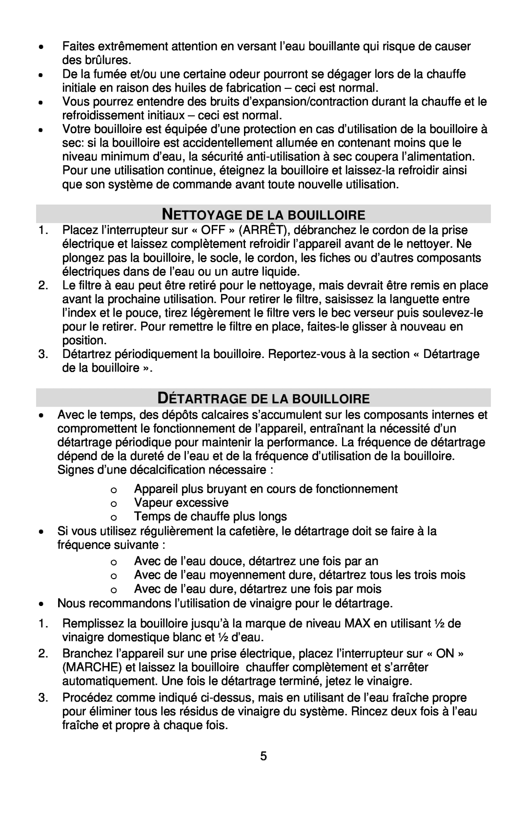 West Bend Kettle instruction manual Nettoyage De La Bouilloire, Détartrage De La Bouilloire 