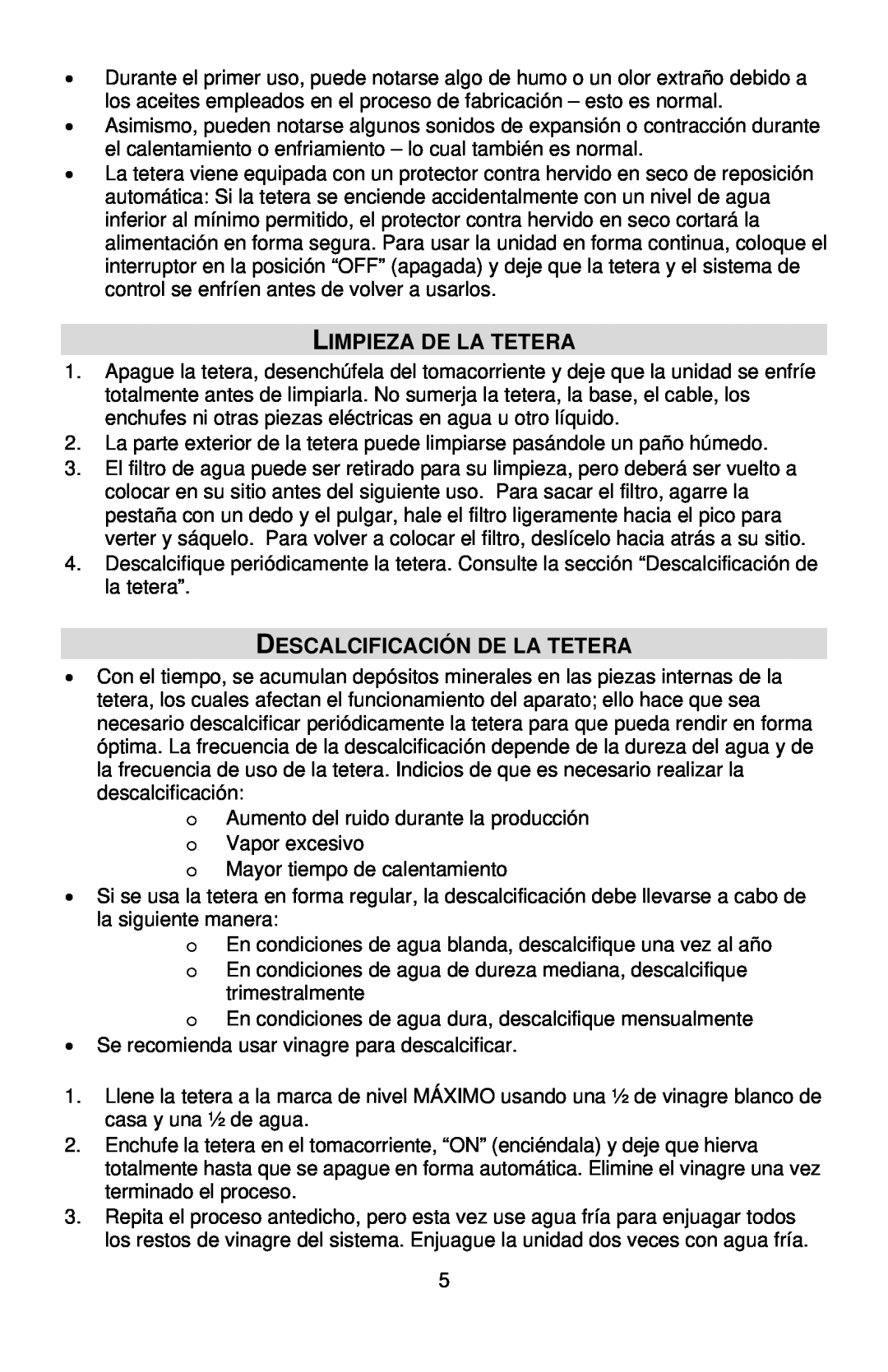 West Bend Kettle instruction manual Limpieza De La Tetera, Descalcificación De La Tetera 
